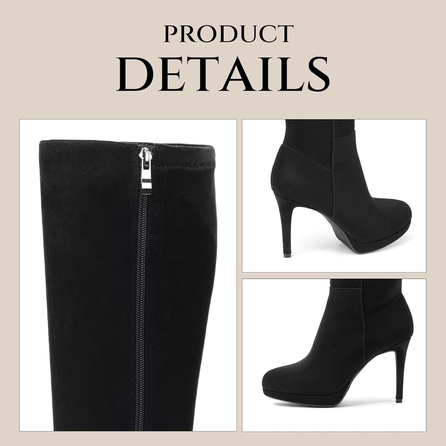 image:imageLumeheel Black Knee High Boots Women Platform Pointed Toe Stiletto Heel Suede Tall Boots for Fall WinterBlack Suede