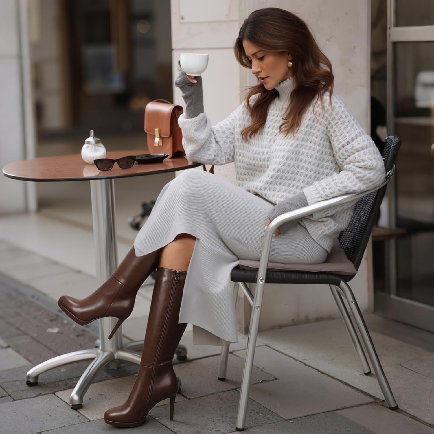 image:imageLumeheel Black Knee High Boots Women Platform Pointed Toe Stiletto Heel Suede Tall Boots for Fall WinterBrown