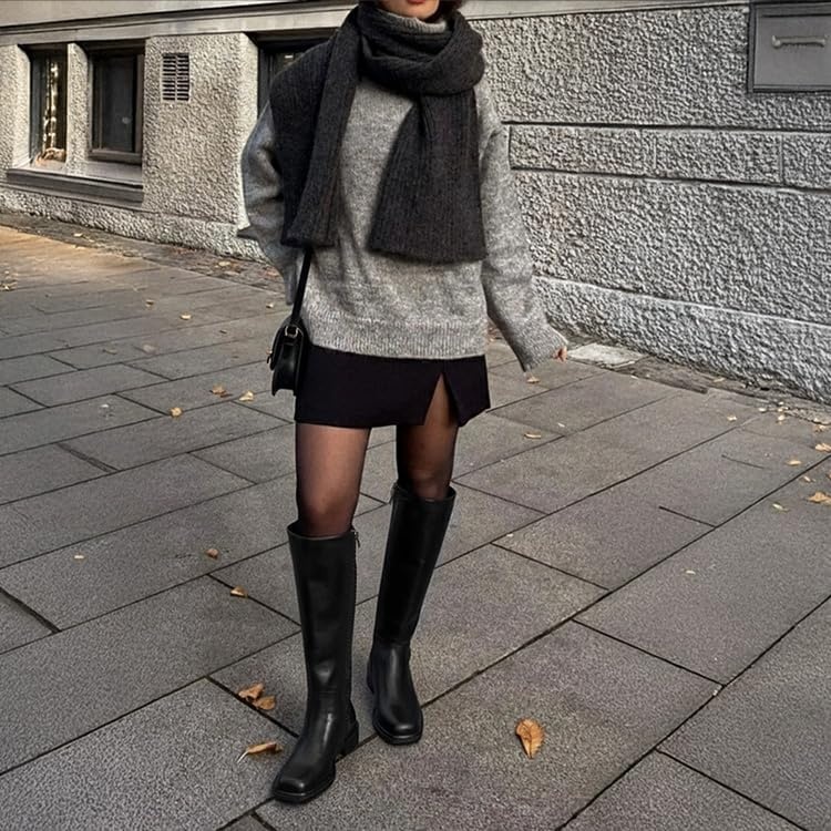 image:imageLumeheel Black Knee High Boots for Women Low Heel Square Toe Fall Tall Boots with Side ZipperBlack