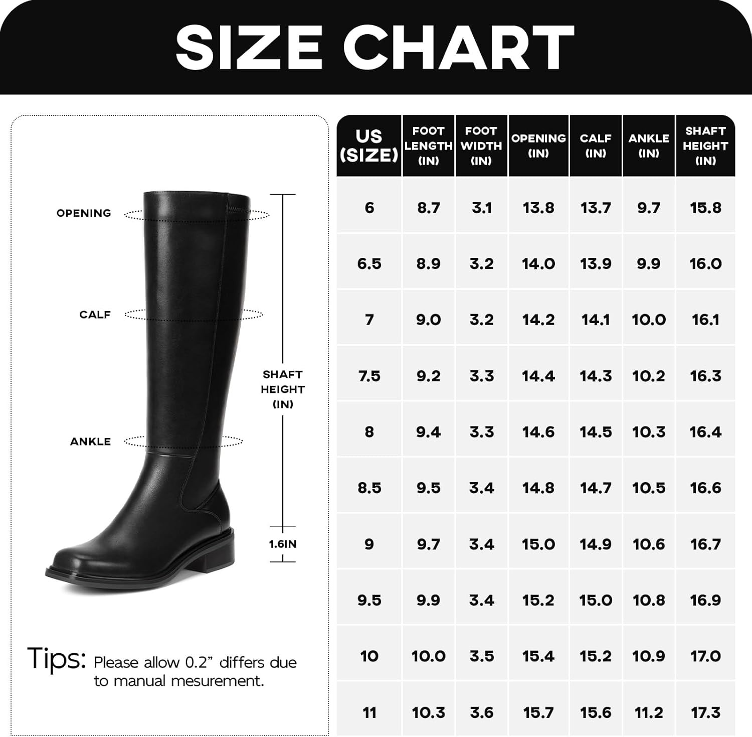 image:imageLumeheel Black Knee High Boots for Women Low Heel Square Toe Fall Tall Boots with Side ZipperBlack
