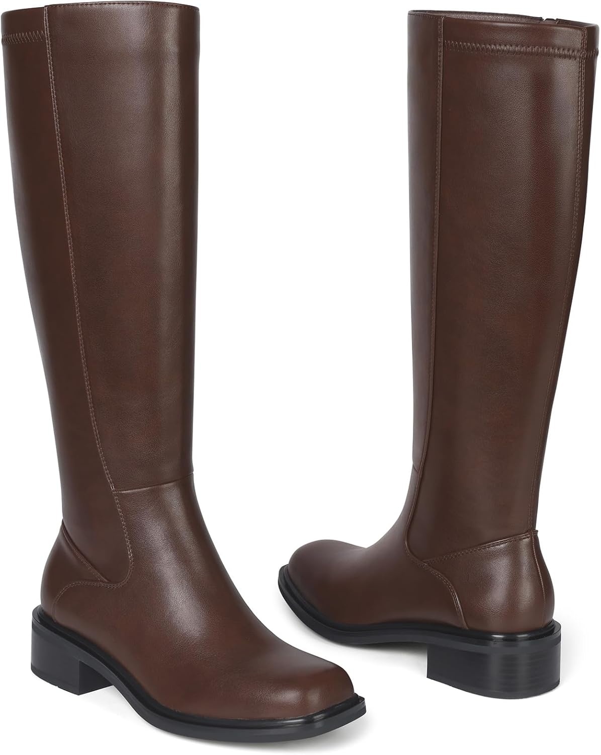 image:imageLumeheel Black Knee High Boots for Women Low Heel Square Toe Fall Tall Boots with Side ZipperBrown