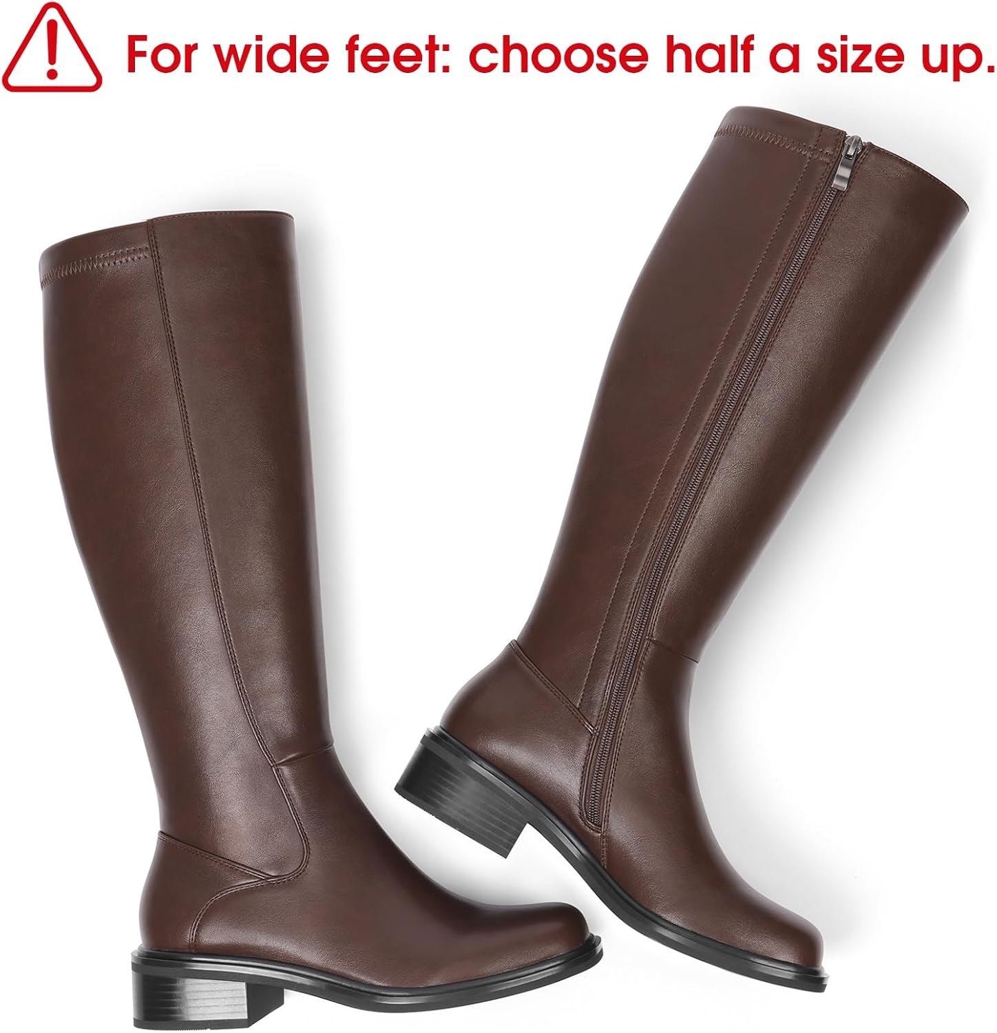 image:imageLumeheel Black Knee High Boots for Women Low Heel Square Toe Fall Tall Boots with Side ZipperBrown