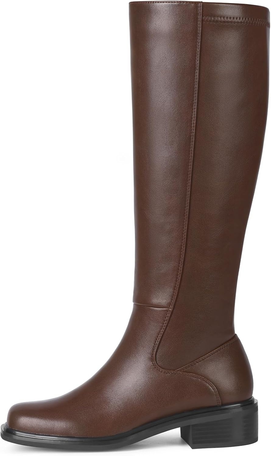image:imageLumeheel Black Knee High Boots for Women Low Heel Square Toe Fall Tall Boots with Side ZipperBrown