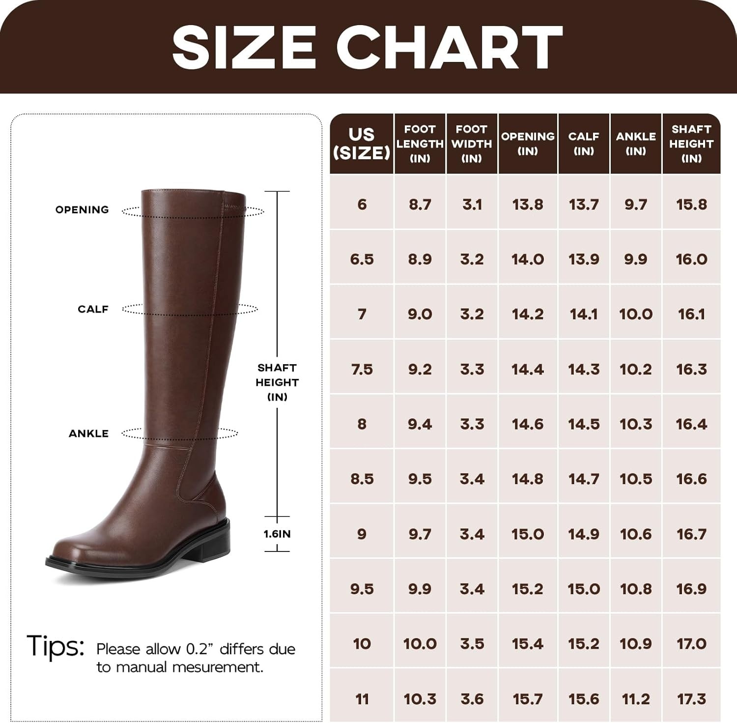 image:imageLumeheel Black Knee High Boots for Women Low Heel Square Toe Fall Tall Boots with Side ZipperBrown