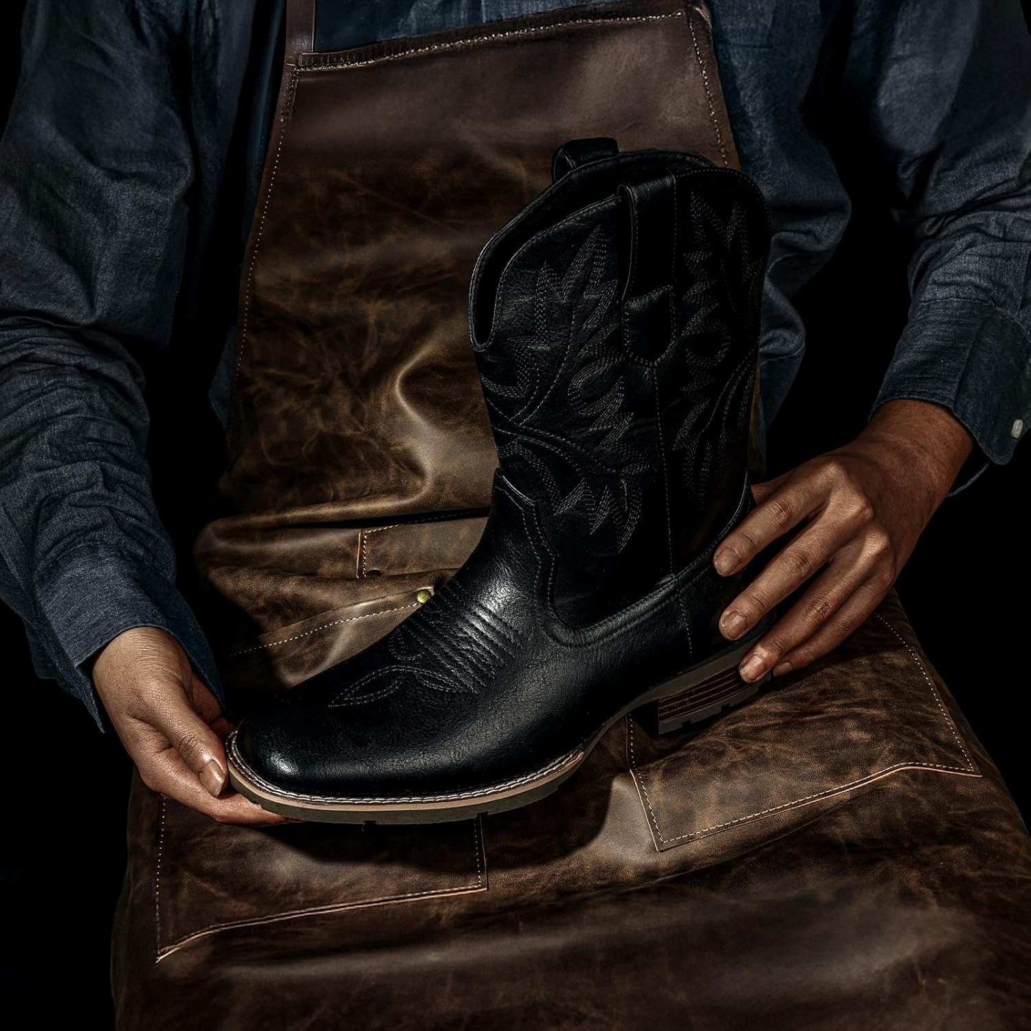 image:imageLumeheel Cowboy Boots for Men Western Mens Boots with Classic Embroidered Slip on Square Toe Boots Slip Resistant Country Boots Chunky Heel Ankle Durable Short Boots for Spring FallBlack