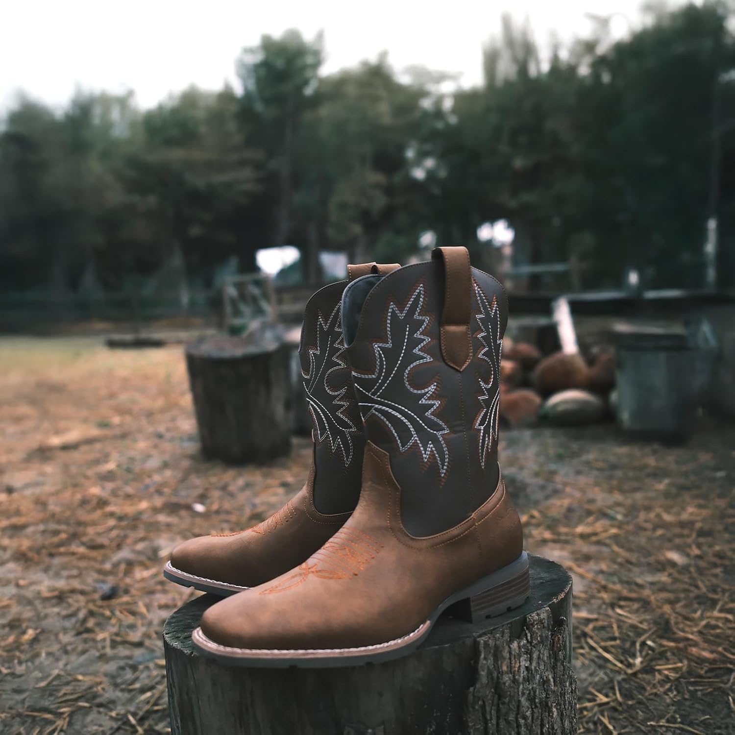 image:imageLumeheel Cowboy Boots for Men Western Mens Boots with Classic Embroidered Slip on Square Toe Boots Slip Resistant Country Boots Chunky Heel Ankle Durable Short Boots for Spring FallBrown