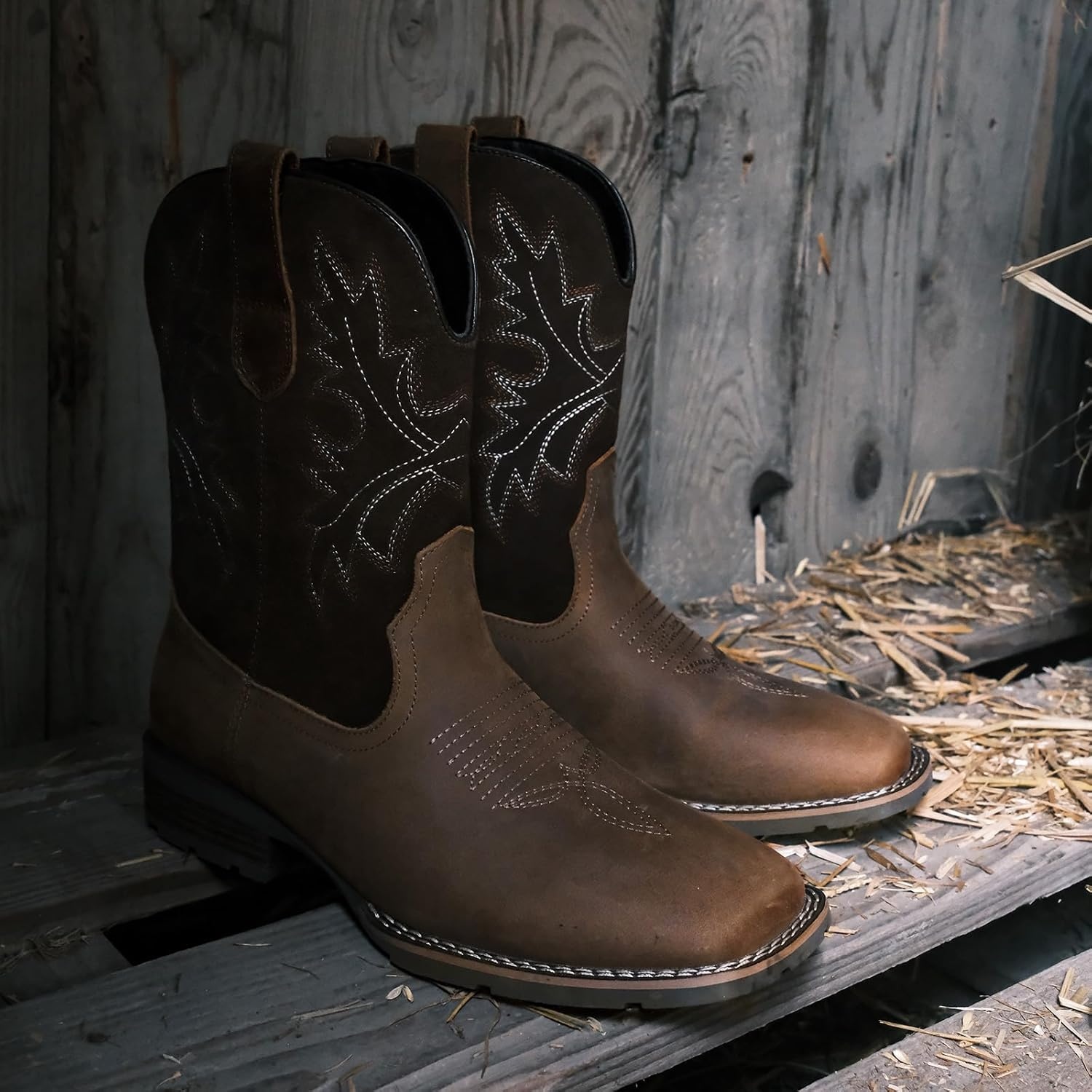image:imageLumeheel Cowboy Boots for Men Western Mens Boots with Classic Embroidered Slip on Square Toe Boots Slip Resistant Country Boots Chunky Heel Ankle Durable Short Boots for Spring FallLeather Brown