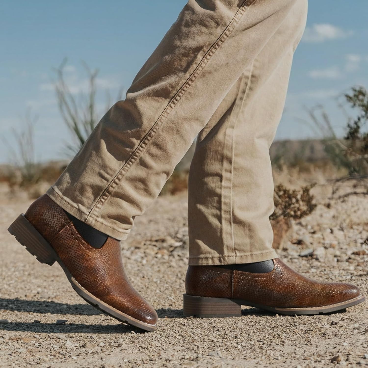 image:imageLumeheel Cowboy Boots for Men Western Mens Boots with Classic Embroidered Slip on Square Toe Boots Slip Resistant Country Boots Chunky Heel Ankle Durable Short Boots for Spring FallSnakeskin Brown