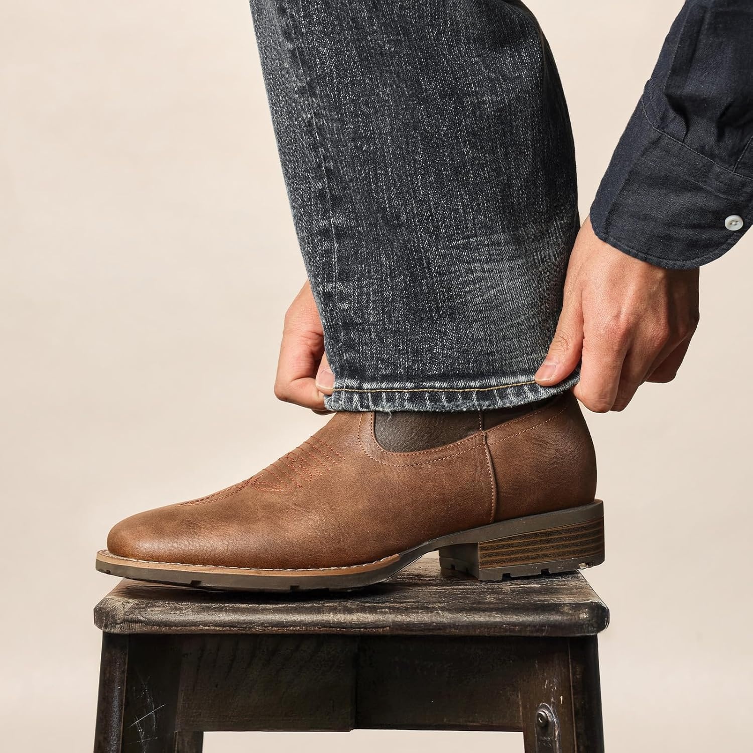 image:imageLumeheel Cowboy Boots for Men Western Mens Boots with Classic Embroidered Slip on Square Toe Boots Slip Resistant Country Boots Chunky Heel Ankle Durable Short Boots for Spring FallBrown