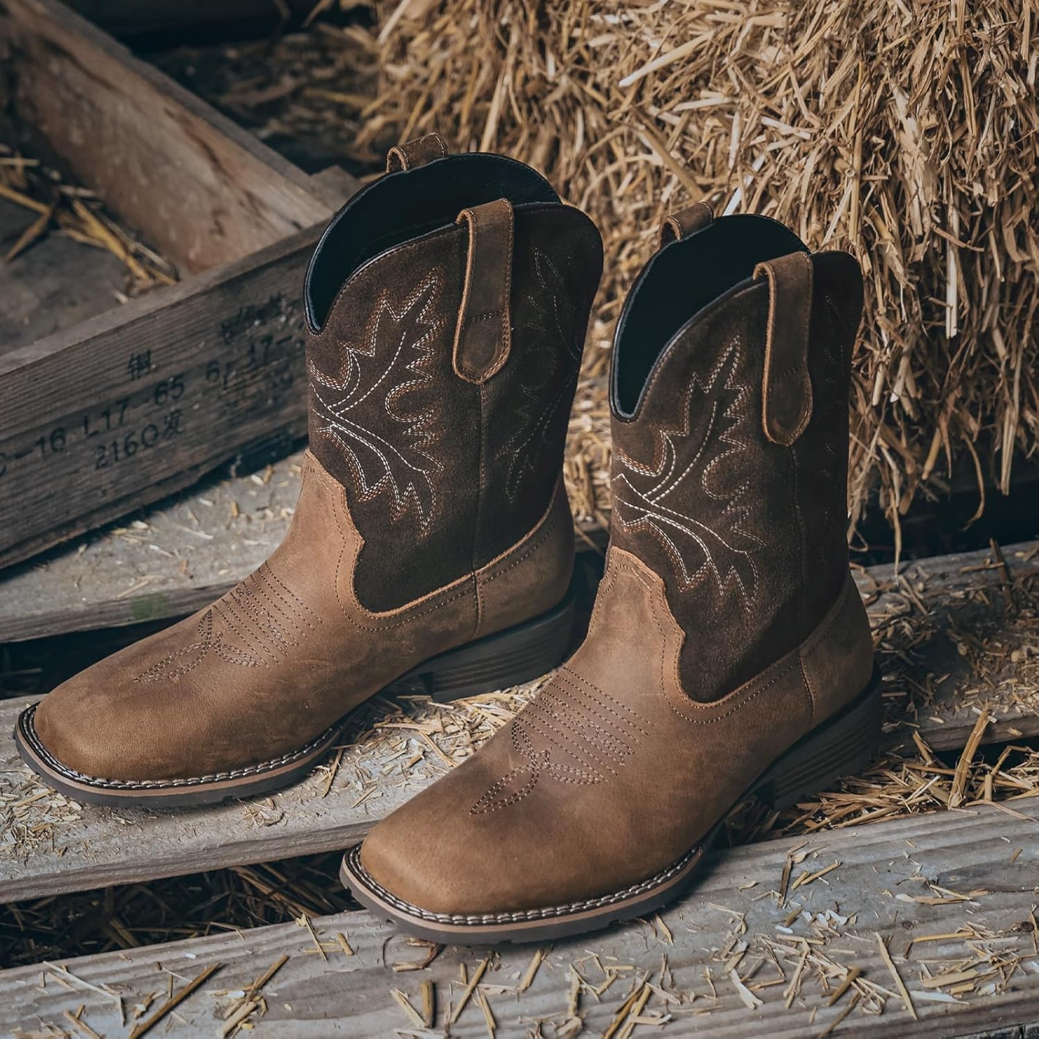 image:imageLumeheel Cowboy Boots for Men Western Mens Boots with Classic Embroidered Slip on Square Toe Boots Slip Resistant Country Boots Chunky Heel Ankle Durable Short Boots for Spring FallLeather Brown
