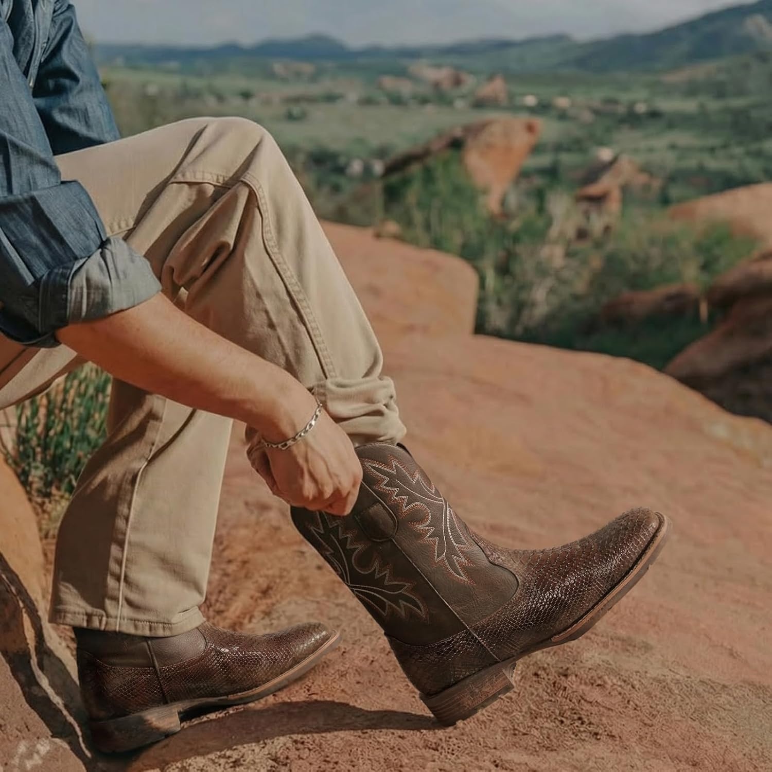 image:imageLumeheel Cowboy Boots for Men Western Mens Boots with Classic Embroidered Slip on Square Toe Boots Slip Resistant Country Boots Chunky Heel Ankle Durable Short Boots for Spring FallAlligator Brown