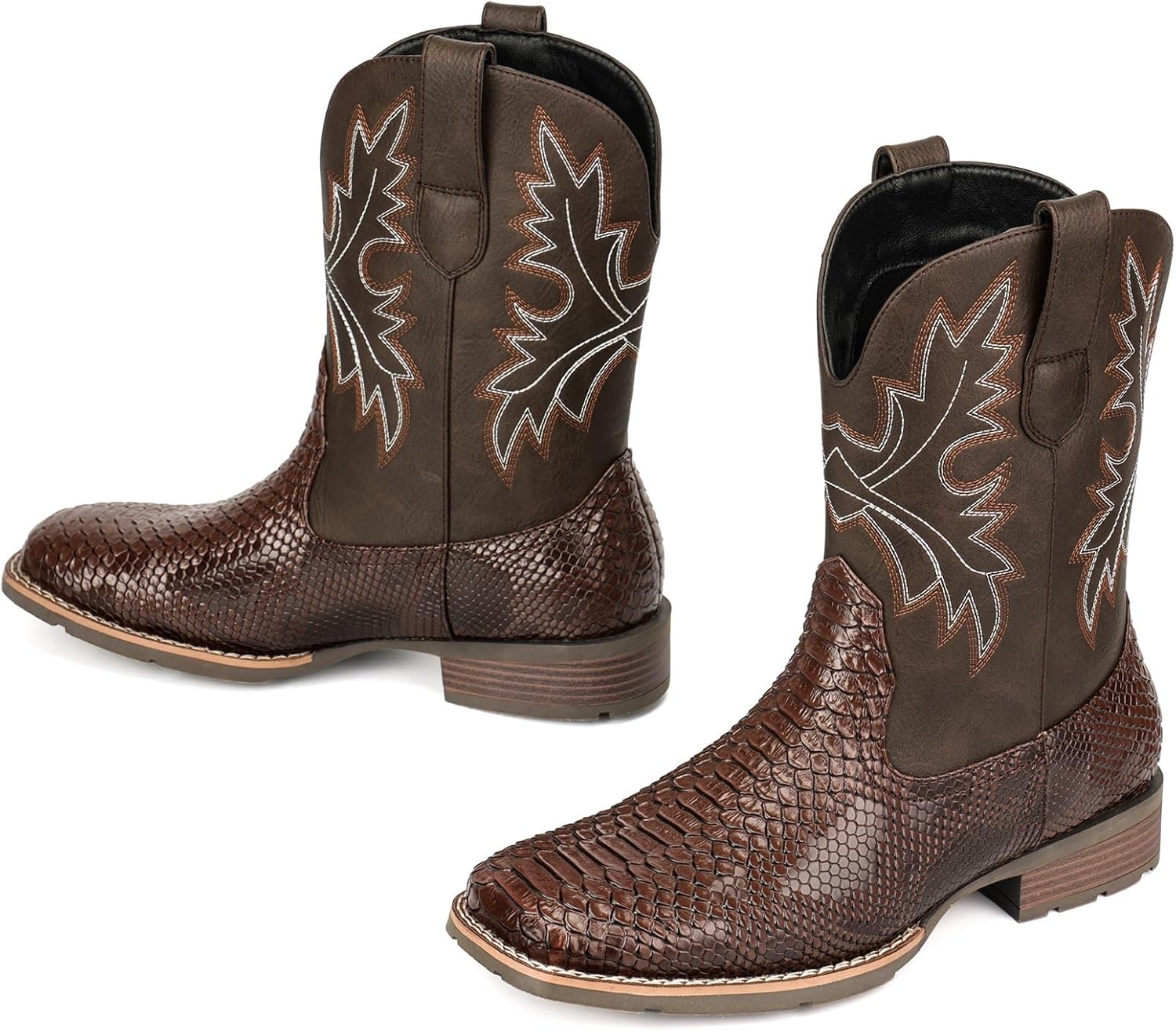 image:imageLumeheel Cowboy Boots for Men Western Mens Boots with Classic Embroidered Slip on Square Toe Boots Slip Resistant Country Boots Chunky Heel Ankle Durable Short Boots for Spring FallAlligator Brown