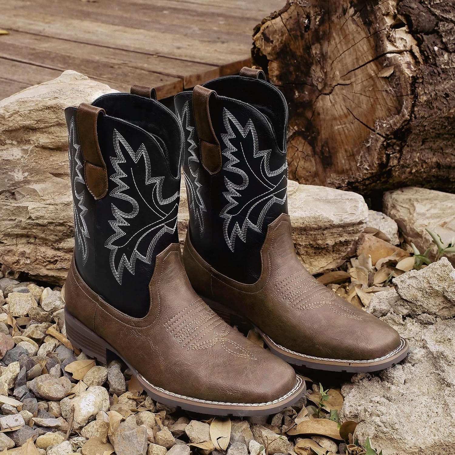 image:imageLumeheel Cowboy Boots for Men Western Mens Boots with Classic Embroidered Slip on Square Toe Boots Slip Resistant Country Boots Chunky Heel Ankle Durable Short Boots for Spring FallBlack Brown