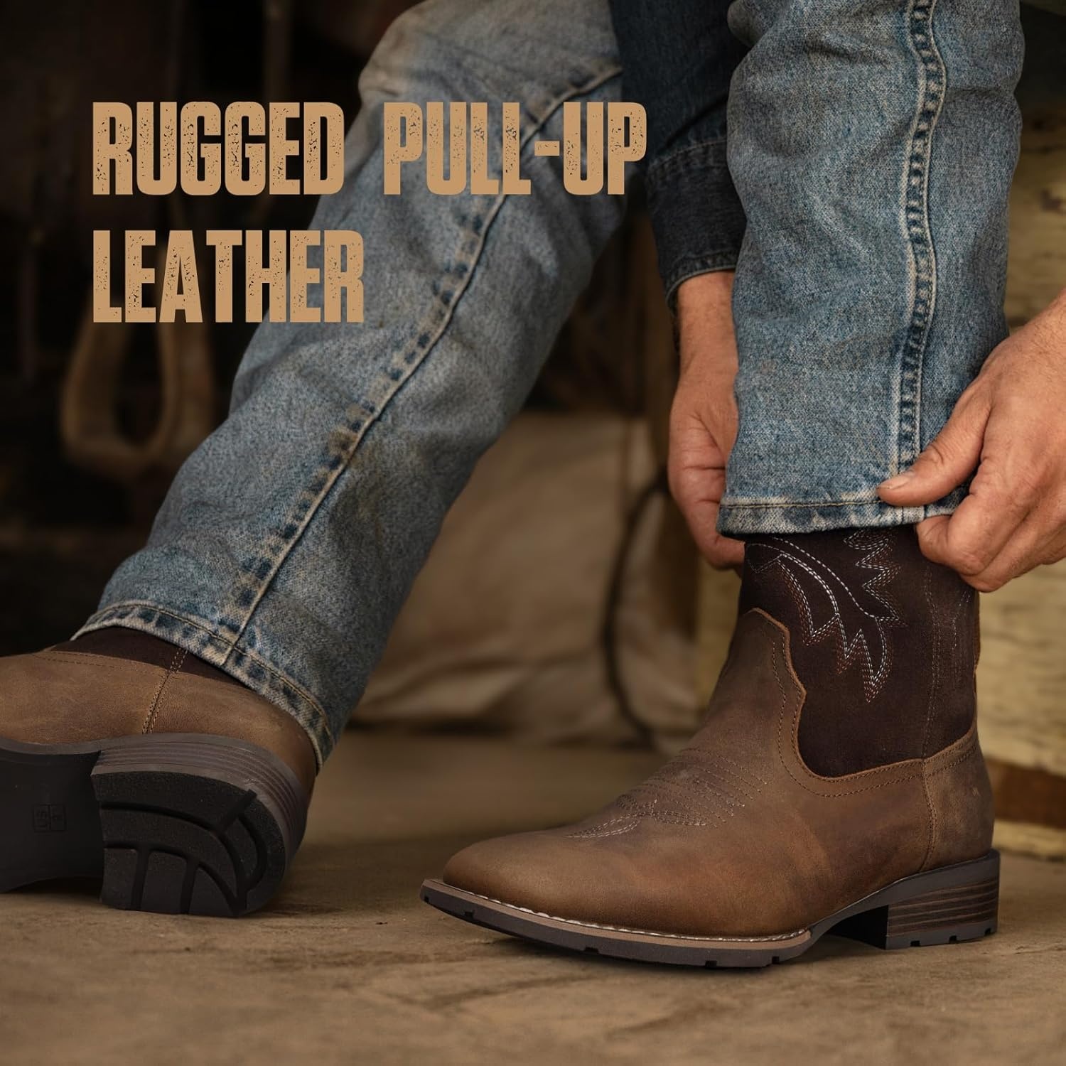 image:imageLumeheel Cowboy Boots for Men Western Mens Boots with Classic Embroidered Slip on Square Toe Boots Slip Resistant Country Boots Chunky Heel Ankle Durable Short Boots for Spring FallLeather Brown