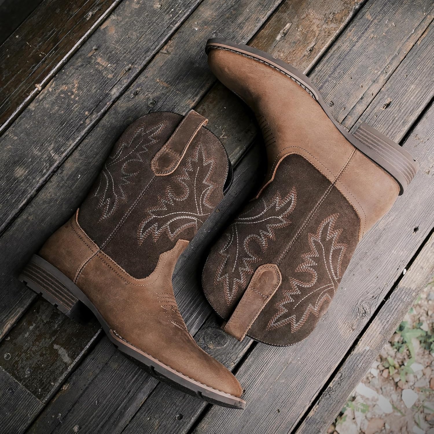 image:imageLumeheel Cowboy Boots for Men Western Mens Boots with Classic Embroidered Slip on Square Toe Boots Slip Resistant Country Boots Chunky Heel Ankle Durable Short Boots for Spring FallLeather Brown