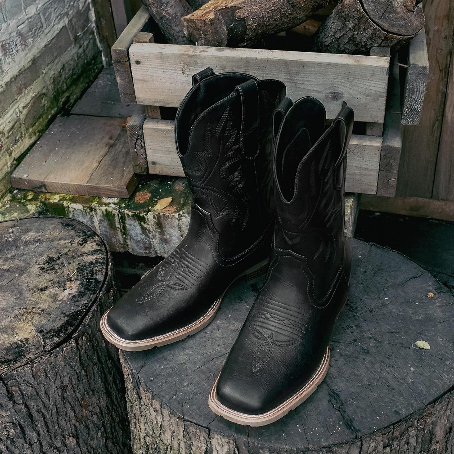 image:imageLumeheel Cowboy Boots for Men Western Mens Boots with Classic Embroidered Slip on Square Toe Boots Slip Resistant Country Boots Chunky Heel Ankle Durable Short Boots for Spring FallBlack