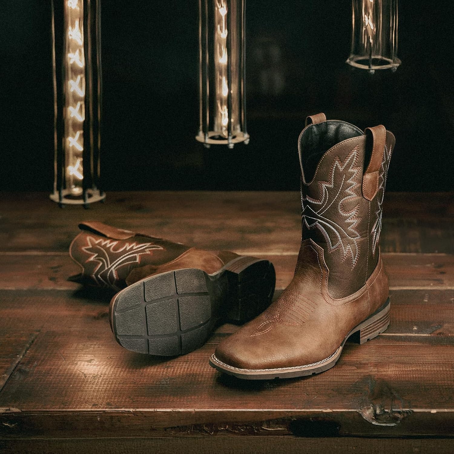 image:imageLumeheel Cowboy Boots for Men Western Mens Boots with Classic Embroidered Slip on Square Toe Boots Slip Resistant Country Boots Chunky Heel Ankle Durable Short Boots for Spring FallBrown