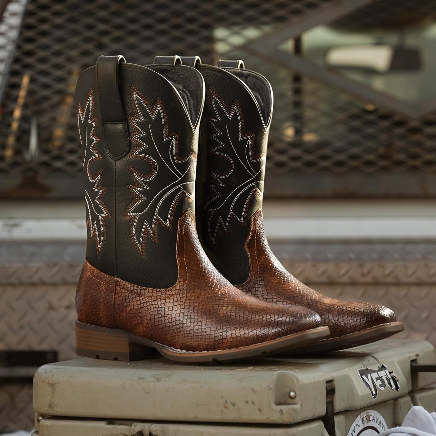 image:imageLumeheel Cowboy Boots for Men Western Mens Boots with Classic Embroidered Slip on Square Toe Boots Slip Resistant Country Boots Chunky Heel Ankle Durable Short Boots for Spring FallSnakeskin Brown