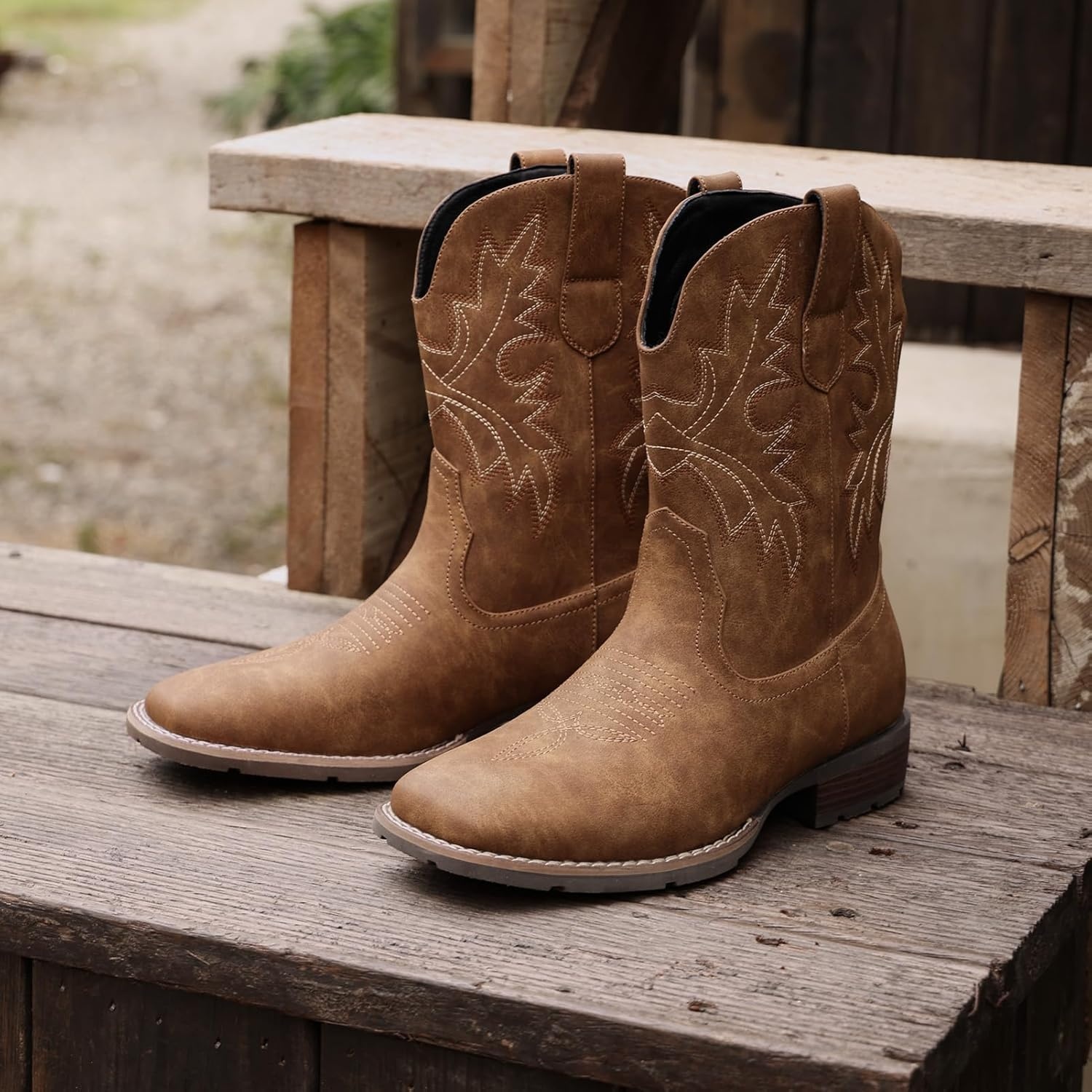 image:imageLumeheel Cowboy Boots for Men Western Mens Boots with Classic Embroidered Slip on Square Toe Boots Slip Resistant Country Boots Chunky Heel Ankle Durable Short Boots for Spring FallTan