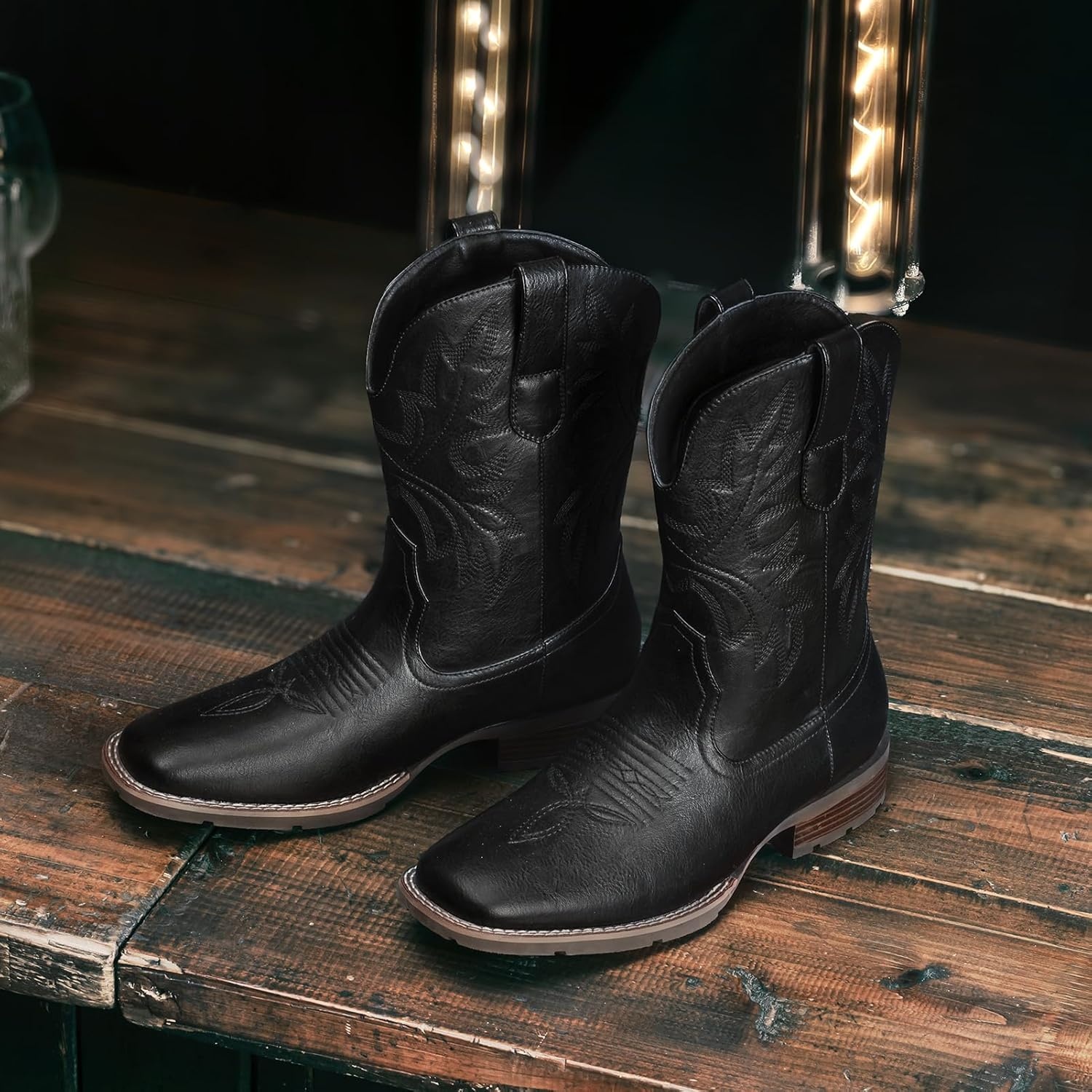image:imageLumeheel Cowboy Boots for Men Western Mens Boots with Classic Embroidered Slip on Square Toe Boots Slip Resistant Country Boots Chunky Heel Ankle Durable Short Boots for Spring FallBlack