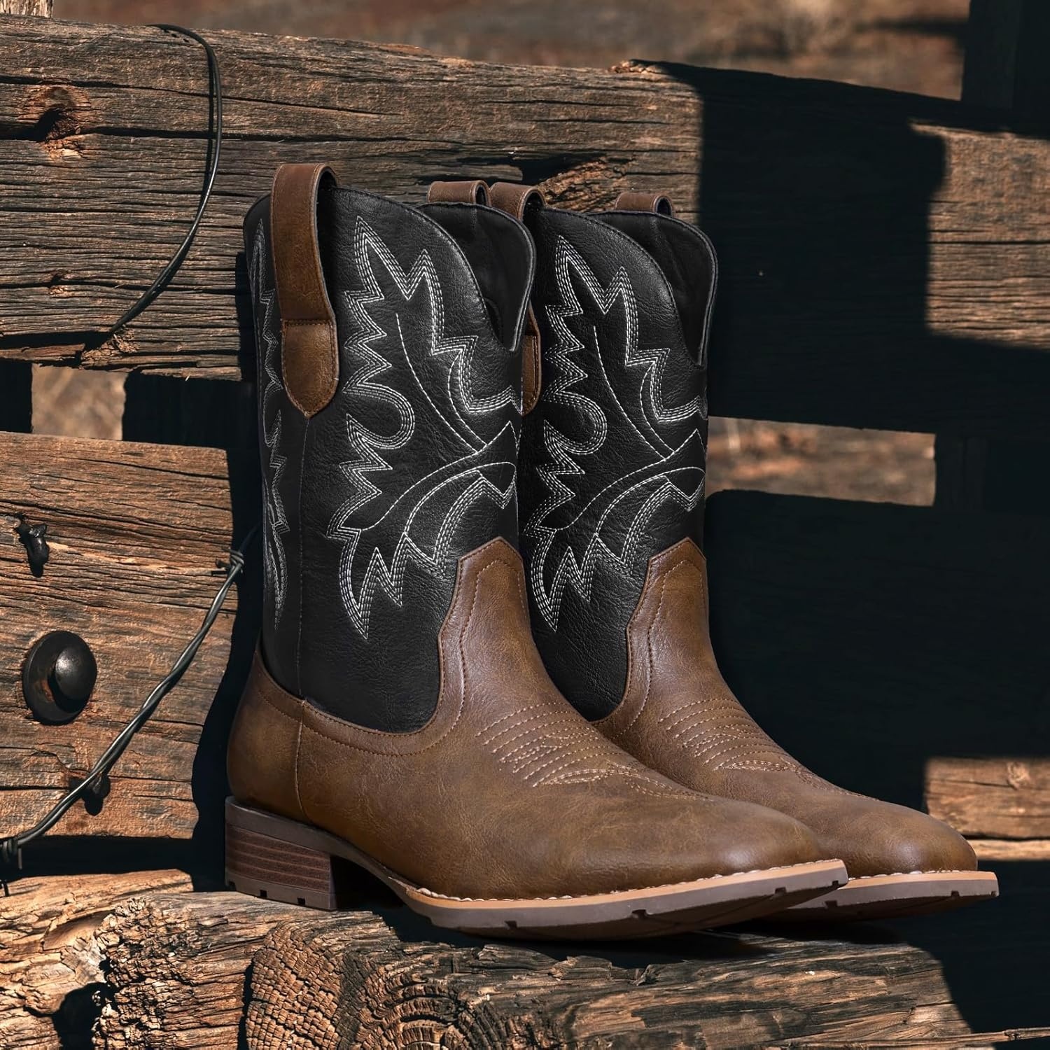 image:imageLumeheel Cowboy Boots for Men Western Mens Boots with Classic Embroidered Slip on Square Toe Boots Slip Resistant Country Boots Chunky Heel Ankle Durable Short Boots for Spring FallBlack Brown