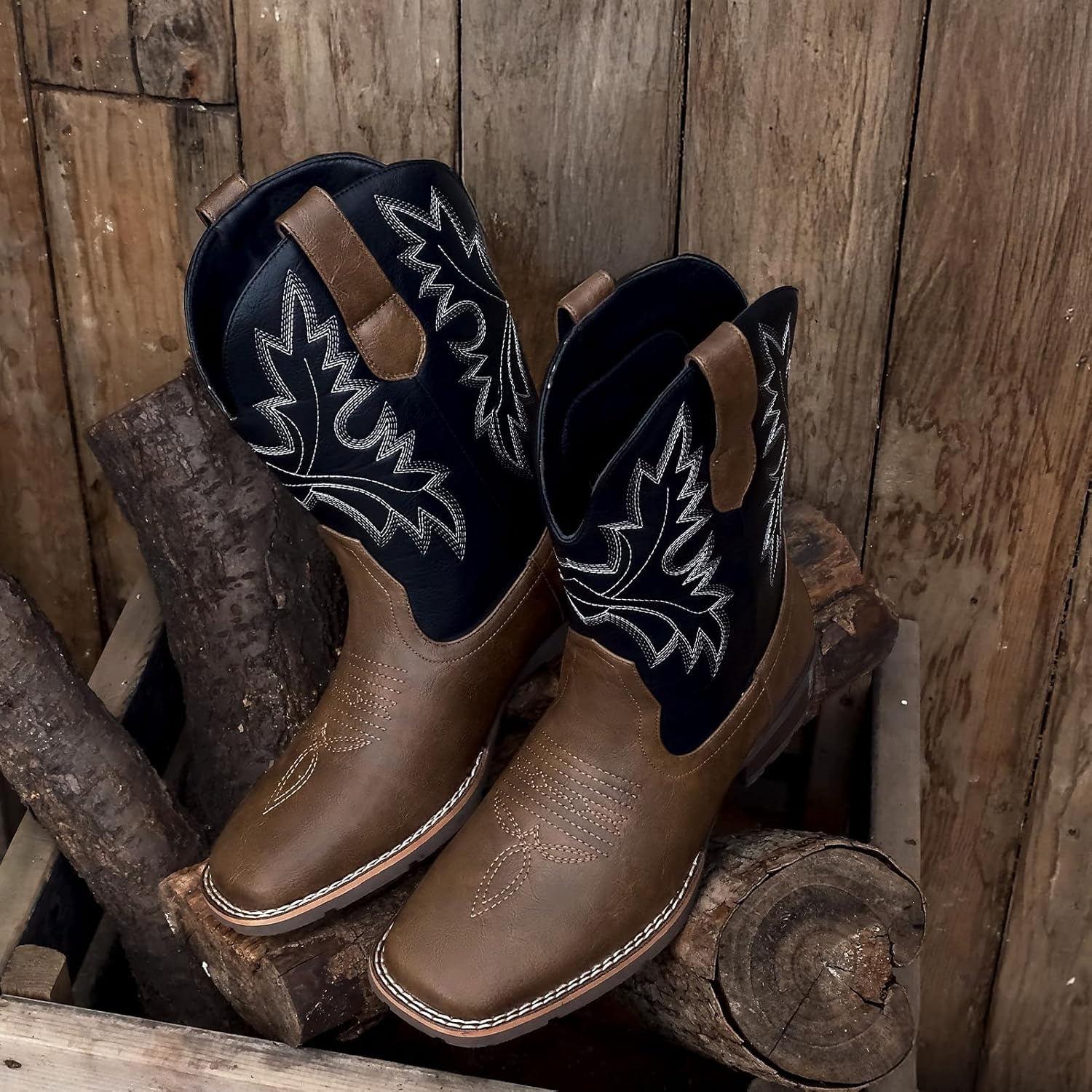 image:imageLumeheel Cowboy Boots for Men Western Mens Boots with Classic Embroidered Slip on Square Toe Boots Slip Resistant Country Boots Chunky Heel Ankle Durable Short Boots for Spring FallBlack Brown
