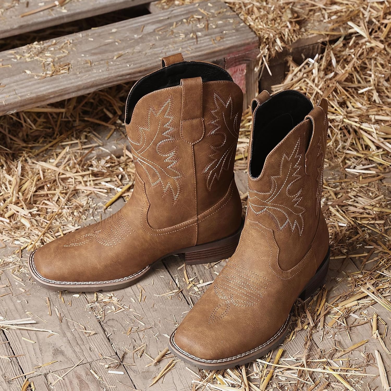 image:imageLumeheel Cowboy Boots for Men Western Mens Boots with Classic Embroidered Slip on Square Toe Boots Slip Resistant Country Boots Chunky Heel Ankle Durable Short Boots for Spring FallTan