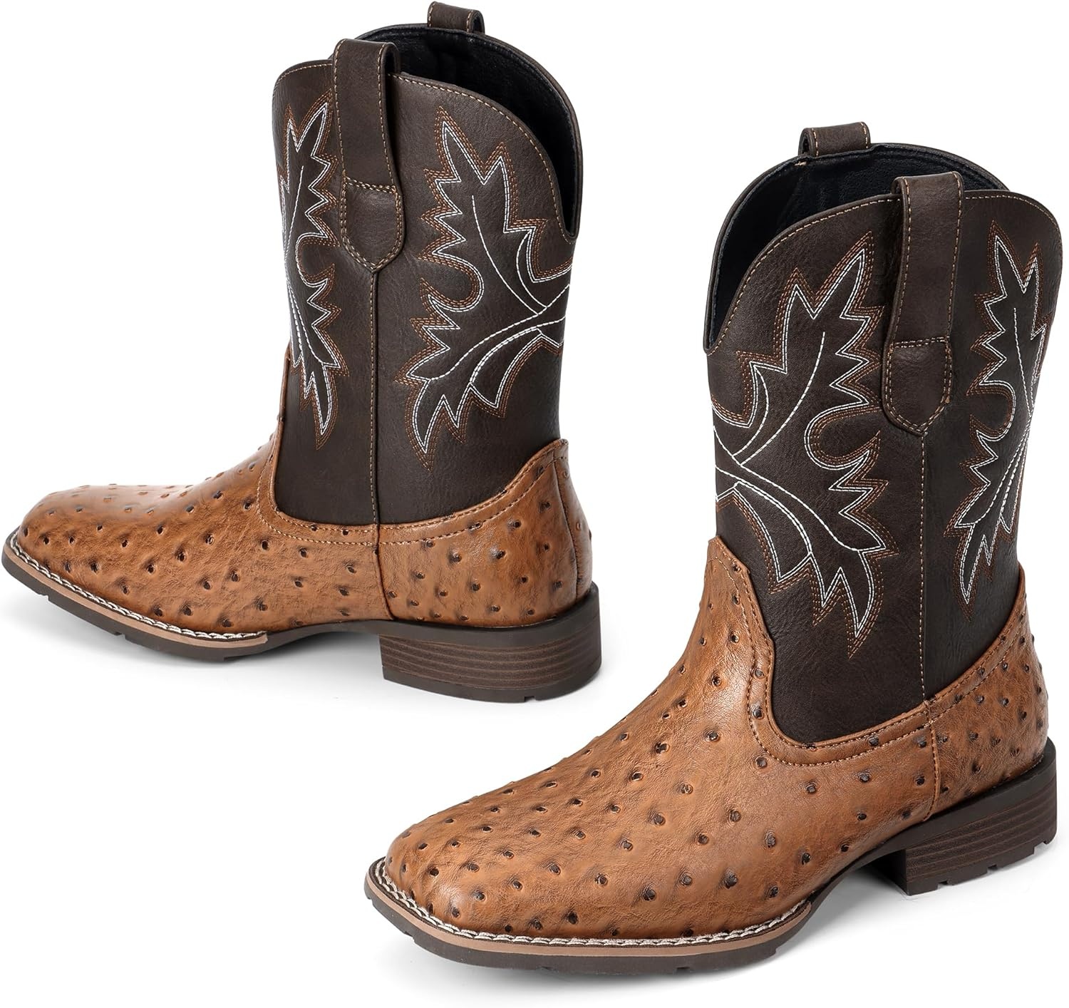 image:imageLumeheel Cowboy Boots for Men Western Mens Boots with Classic Embroidered Slip on Square Toe Boots Slip Resistant Country Boots Chunky Heel Ankle Durable Short Boots for Spring FallOstrich Brown