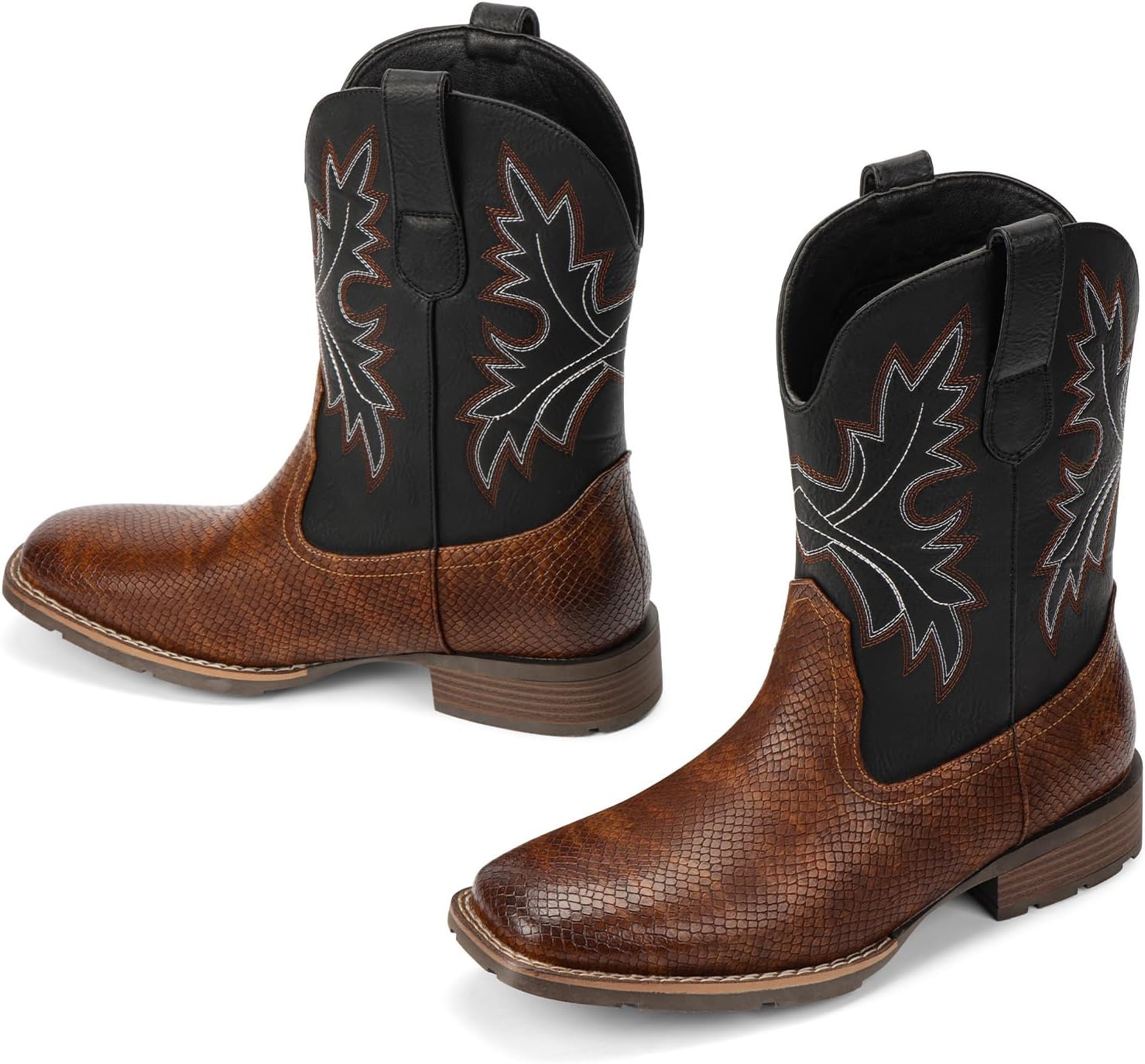 image:imageLumeheel Cowboy Boots for Men Western Mens Boots with Classic Embroidered Slip on Square Toe Boots Slip Resistant Country Boots Chunky Heel Ankle Durable Short Boots for Spring FallSnakeskin Brown