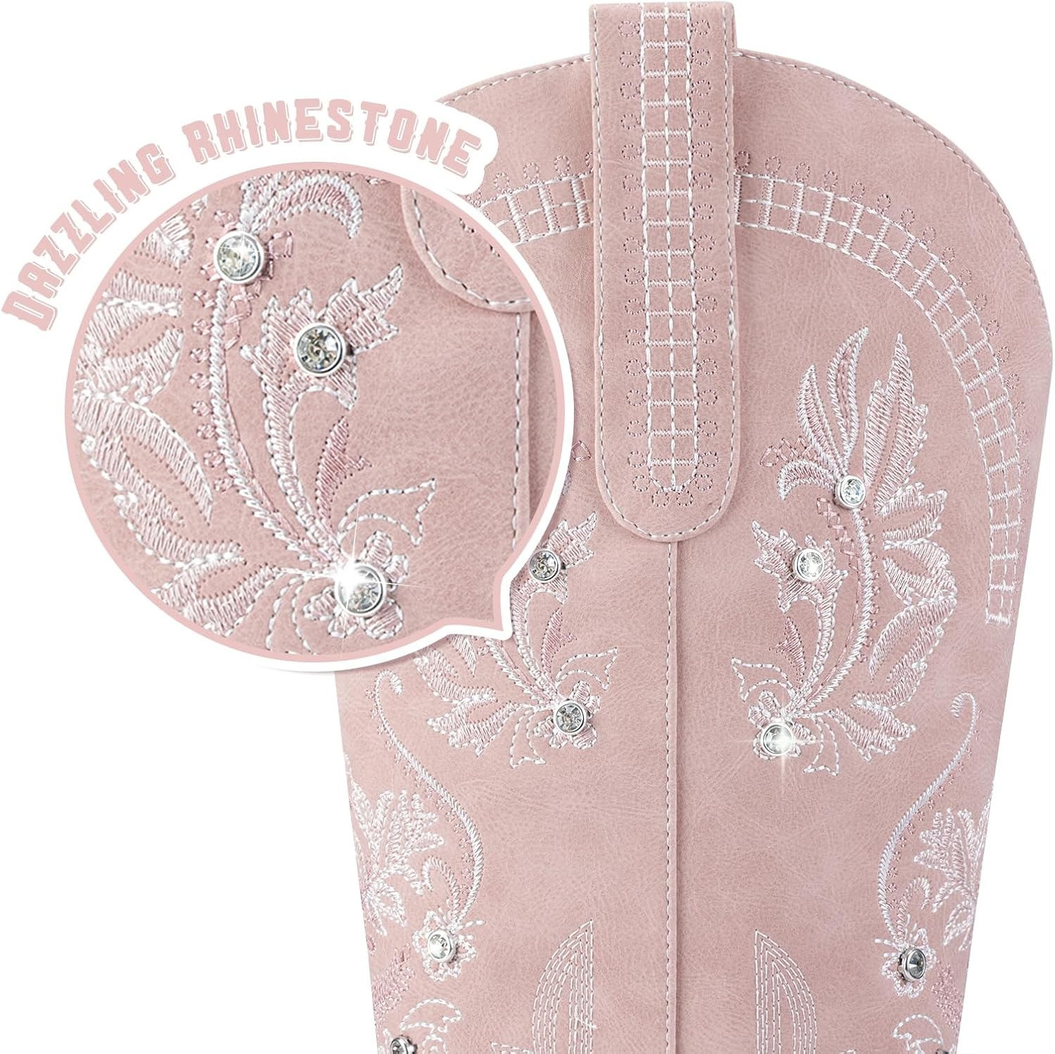 image:imageLumeheel Cowboy Boots for Women Knee High Western Cowgirl Boots Sparkly Rhinestone Retro Country Boots with Classic Embroidered Pointed Toe Chunky Heel Pull on Zipper Fashion Vintage Tall BootsLight Pink