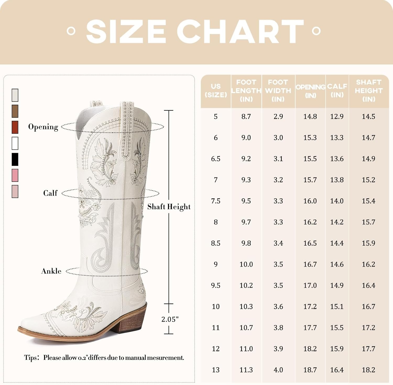 image:imageLumeheel Cowboy Boots for Women Knee High Western Cowgirl Boots Sparkly Rhinestone Retro Country Boots with Classic Embroidered Pointed Toe Chunky Heel Pull on Zipper Fashion Vintage Tall BootsCream