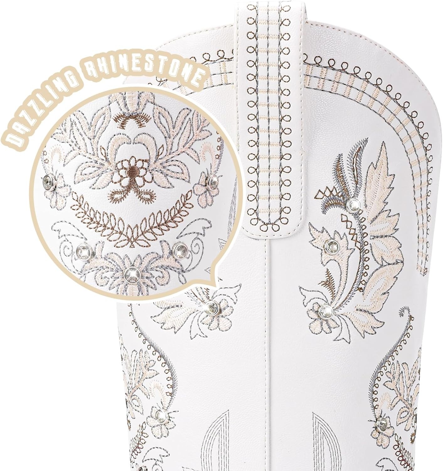 image:imageLumeheel Cowboy Boots for Women Knee High Western Cowgirl Boots Sparkly Rhinestone Retro Country Boots with Classic Embroidered Pointed Toe Chunky Heel Pull on Zipper Fashion Vintage Tall BootsIvory White