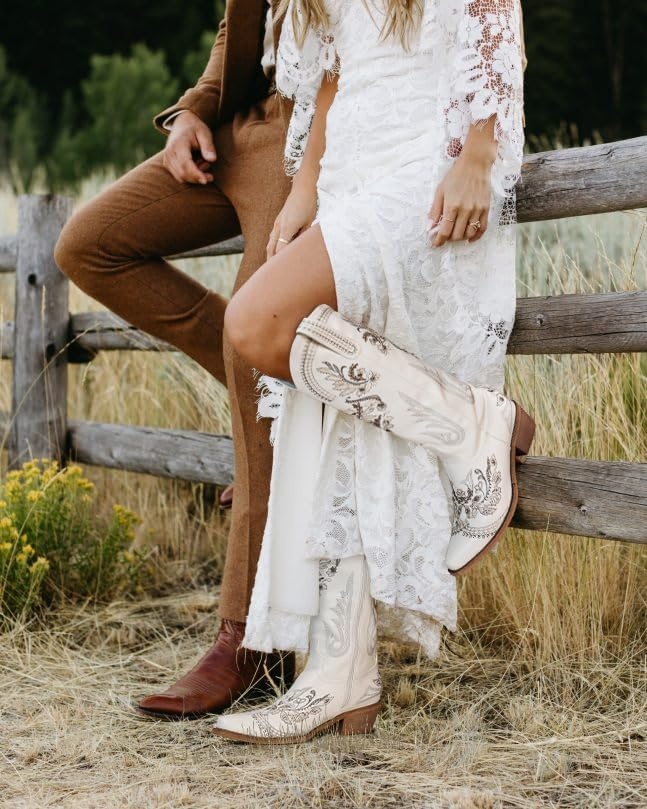 image:imageLumeheel Cowboy Boots for Women Knee High Western Cowgirl Boots Sparkly Rhinestone Retro Country Boots with Classic Embroidered Pointed Toe Chunky Heel Pull on Zipper Fashion Vintage Tall BootsWhite