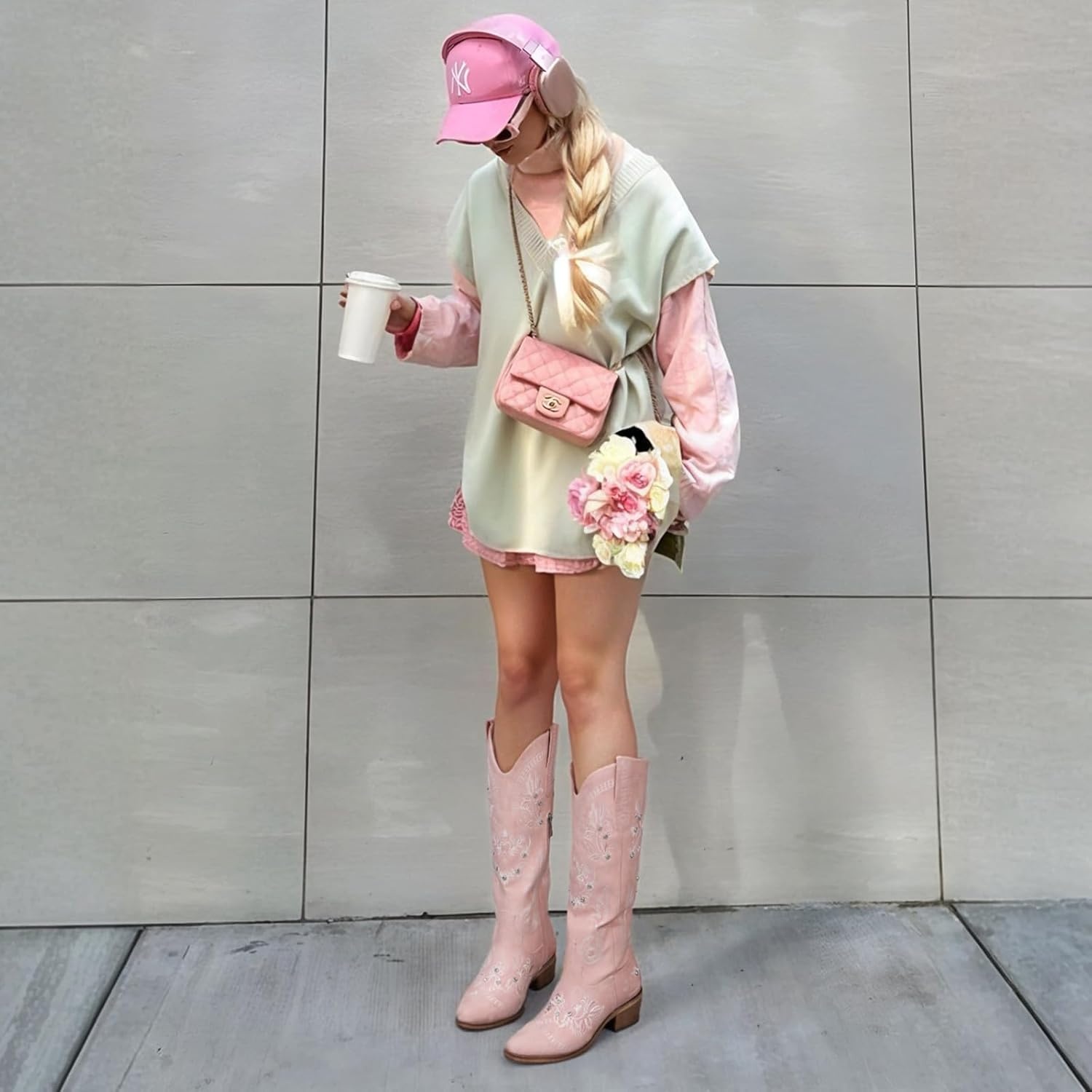 image:imageLumeheel Cowboy Boots for Women Knee High Western Cowgirl Boots Sparkly Rhinestone Retro Country Boots with Classic Embroidered Pointed Toe Chunky Heel Pull on Zipper Fashion Vintage Tall BootsLight Pink