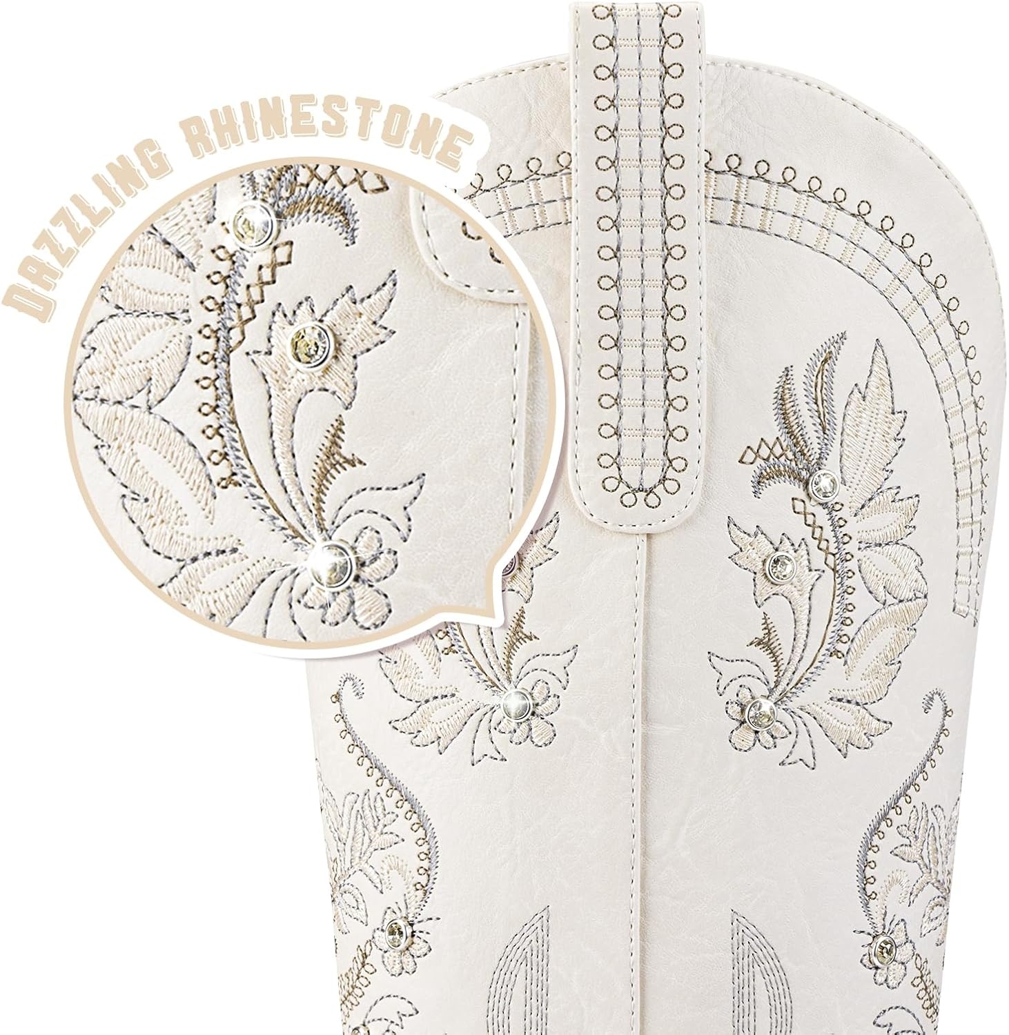 image:imageLumeheel Cowboy Boots for Women Knee High Western Cowgirl Boots Sparkly Rhinestone Retro Country Boots with Classic Embroidered Pointed Toe Chunky Heel Pull on Zipper Fashion Vintage Tall BootsCream