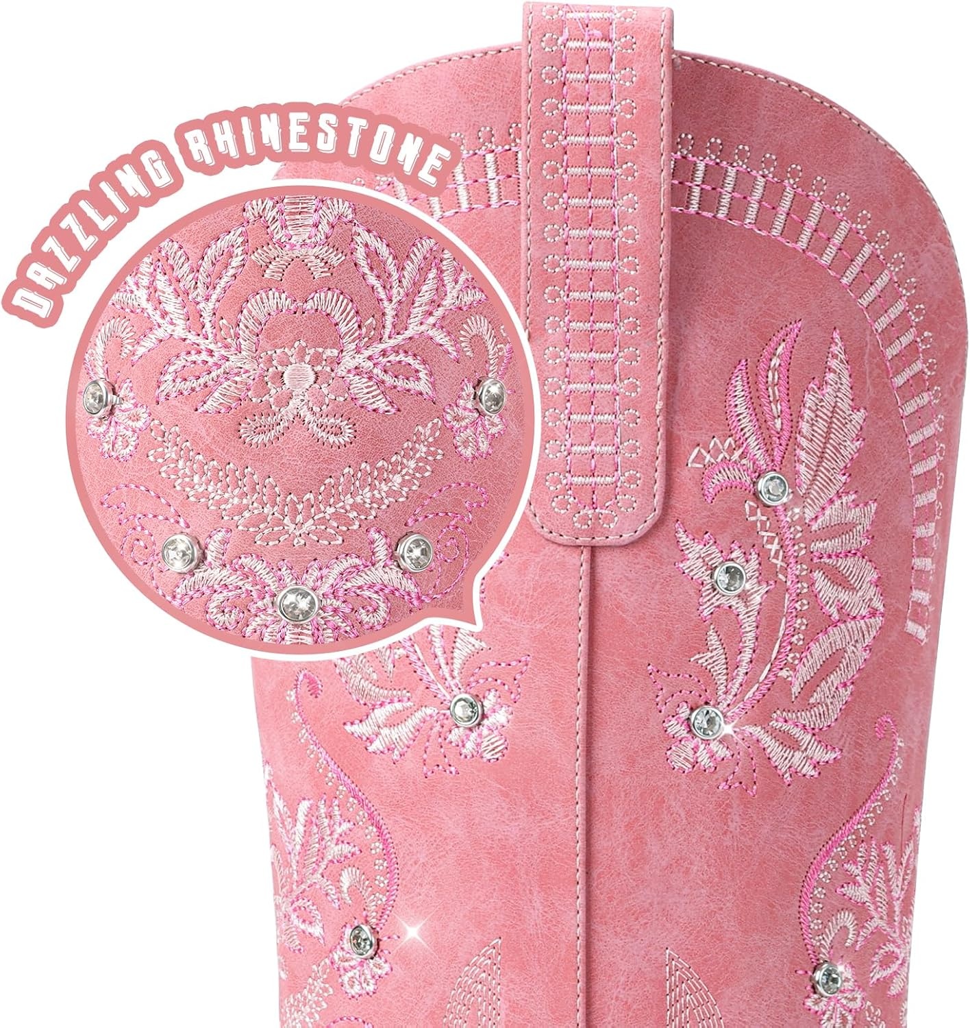 image:imageLumeheel Cowboy Boots for Women Knee High Western Cowgirl Boots Sparkly Rhinestone Retro Country Boots with Classic Embroidered Pointed Toe Chunky Heel Pull on Zipper Fashion Vintage Tall BootsPink