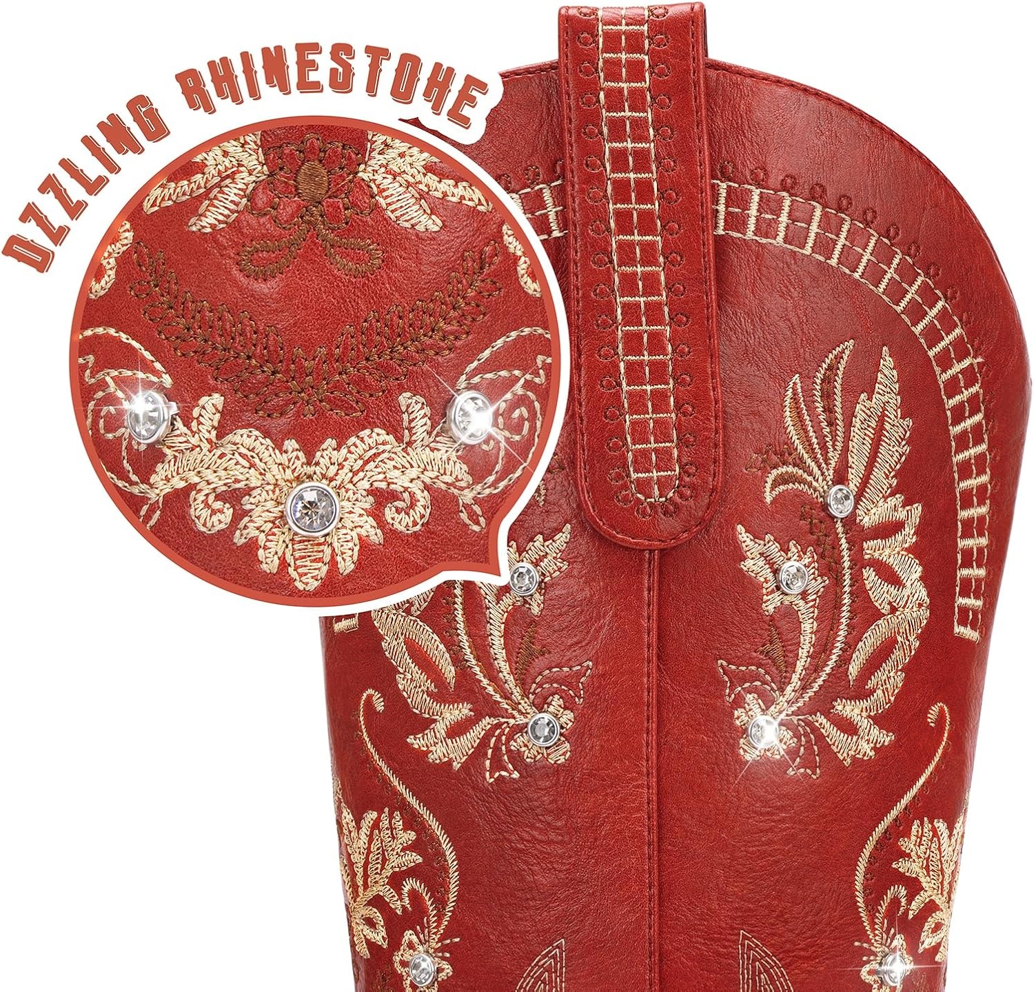 image:imageLumeheel Cowboy Boots for Women Knee High Western Cowgirl Boots Sparkly Rhinestone Retro Country Boots with Classic Embroidered Pointed Toe Chunky Heel Pull on Zipper Fashion Vintage Tall BootsRed