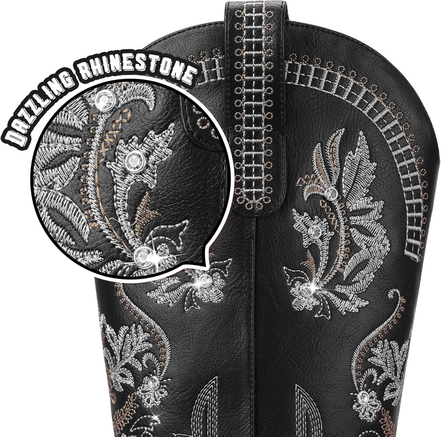 image:imageLumeheel Cowboy Boots for Women Knee High Western Cowgirl Boots Sparkly Rhinestone Retro Country Boots with Classic Embroidered Pointed Toe Chunky Heel Pull on Zipper Fashion Vintage Tall BootsBlack