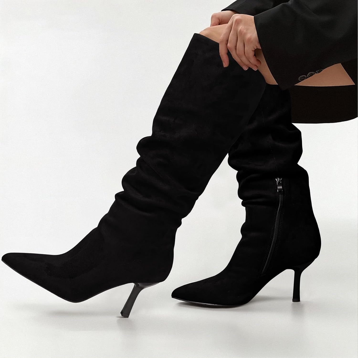 image:imageLumeheel Knee High Boots for Women Suede Ruched Womens Tall Boots with Pointed Toe Kitten Heel Pull On Zipper Slouch Fashion for Fall WinterBlack