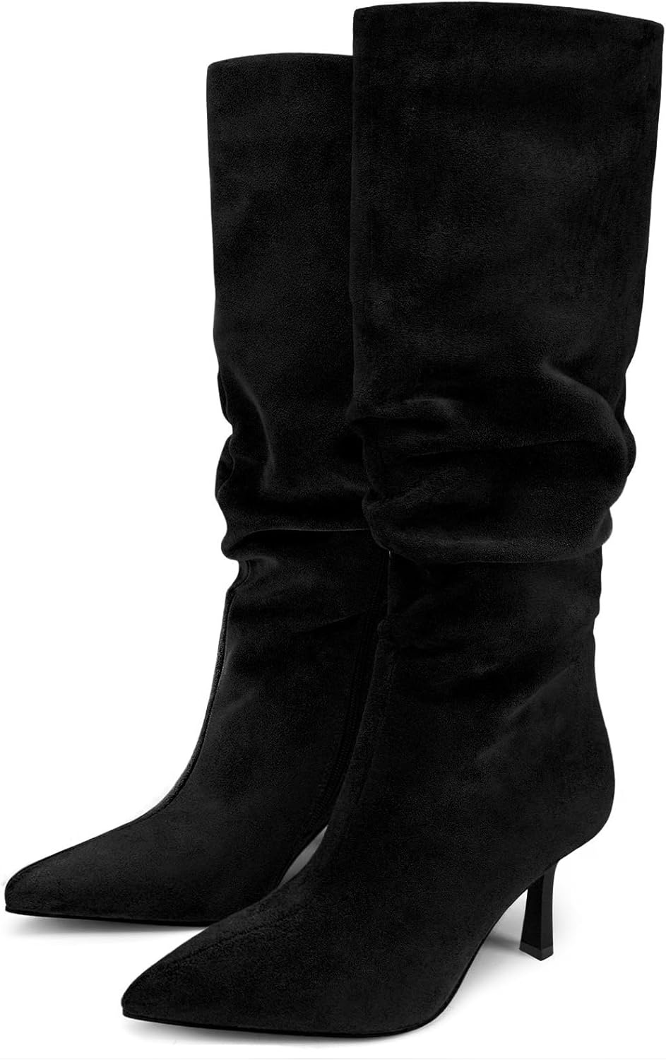 image:imageLumeheel Knee High Boots for Women Suede Ruched Womens Tall Boots with Pointed Toe Kitten Heel Pull On Zipper Slouch Fashion for Fall WinterBlack