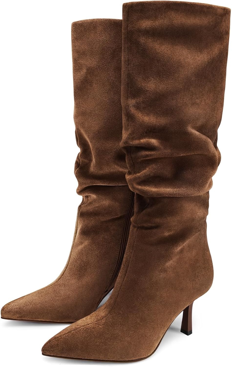 image:imageLumeheel Knee High Boots for Women Suede Ruched Womens Tall Boots with Pointed Toe Kitten Heel Pull On Zipper Slouch Fashion for Fall WinterBrown