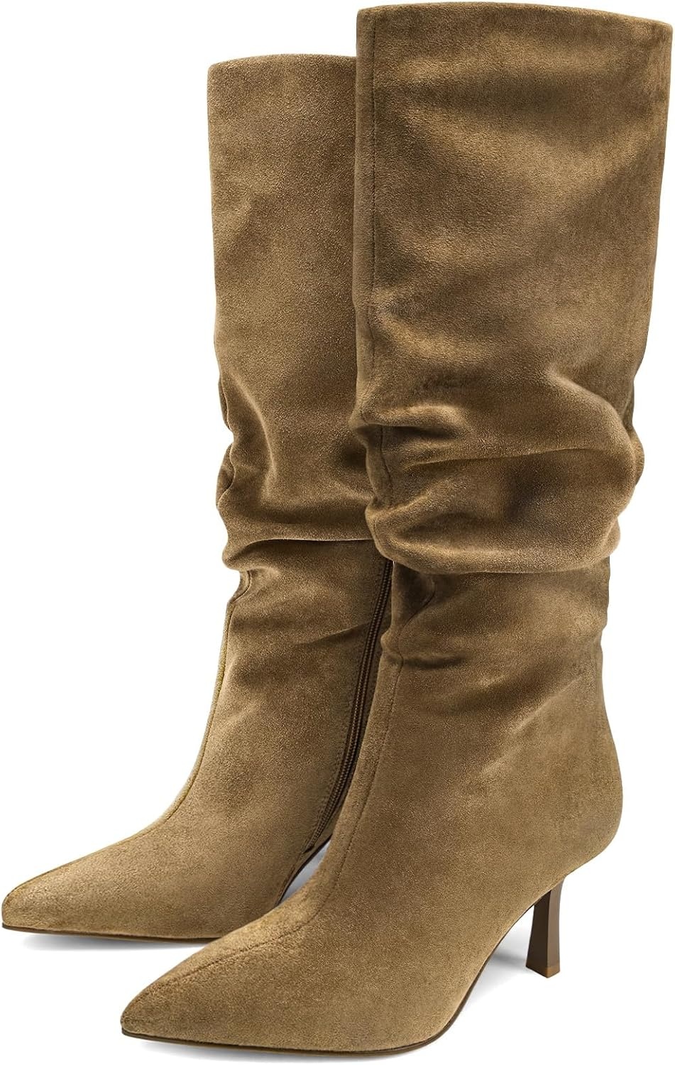 image:imageLumeheel Knee High Boots for Women Suede Ruched Womens Tall Boots with Pointed Toe Kitten Heel Pull On Zipper Slouch Fashion for Fall WinterSandy Brown