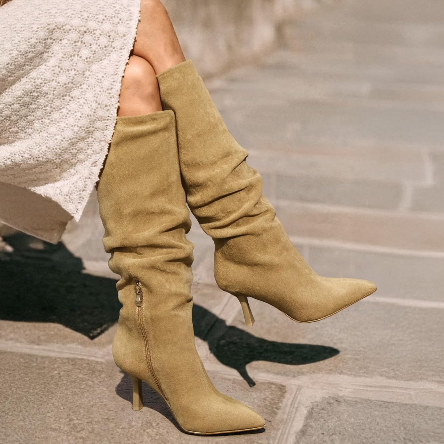 image:imageLumeheel Knee High Boots for Women Suede Ruched Womens Tall Boots with Pointed Toe Kitten Heel Pull On Zipper Slouch Fashion for Fall WinterSandy Brown