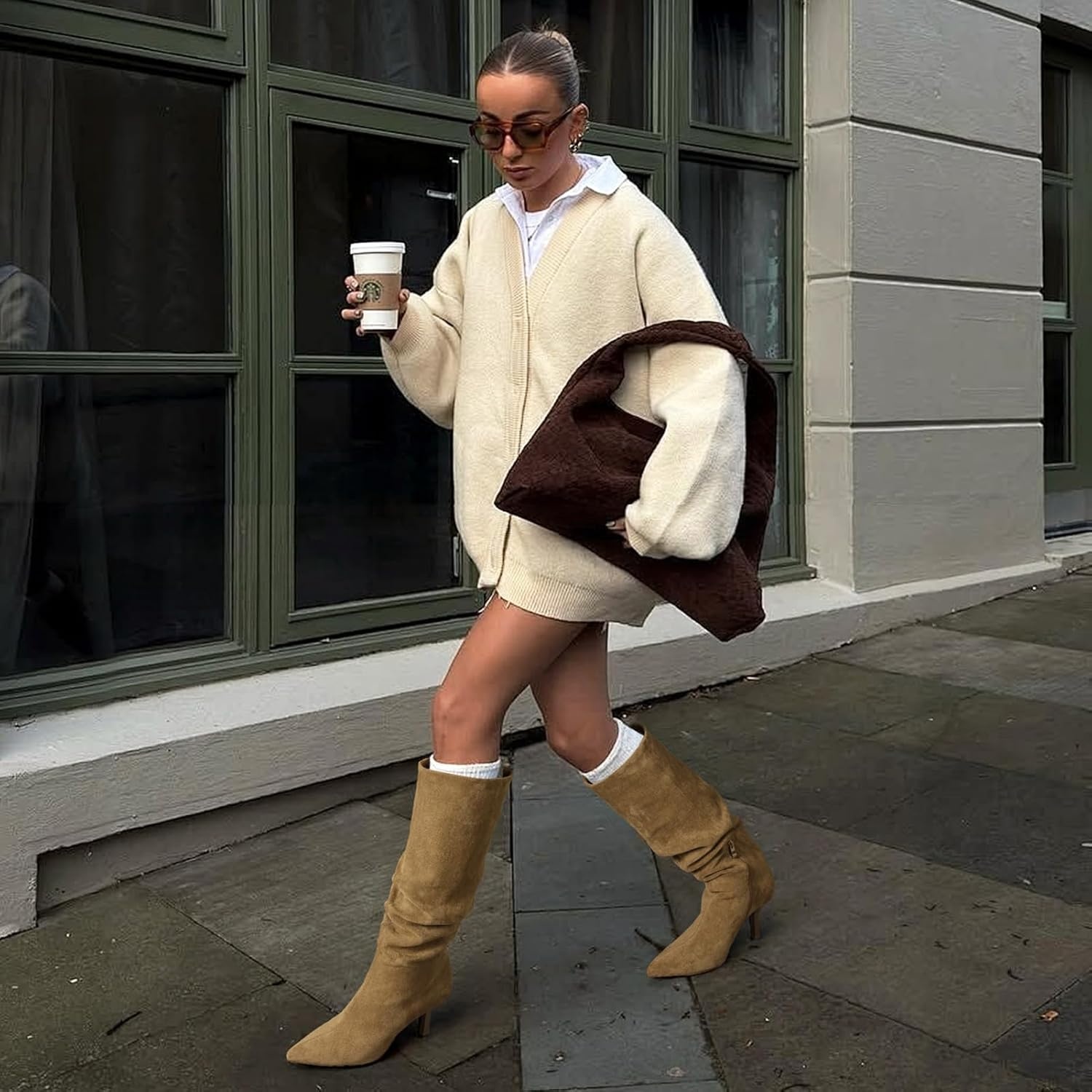 image:imageLumeheel Knee High Boots for Women Suede Ruched Womens Tall Boots with Pointed Toe Kitten Heel Pull On Zipper Slouch Fashion for Fall WinterSandy Brown