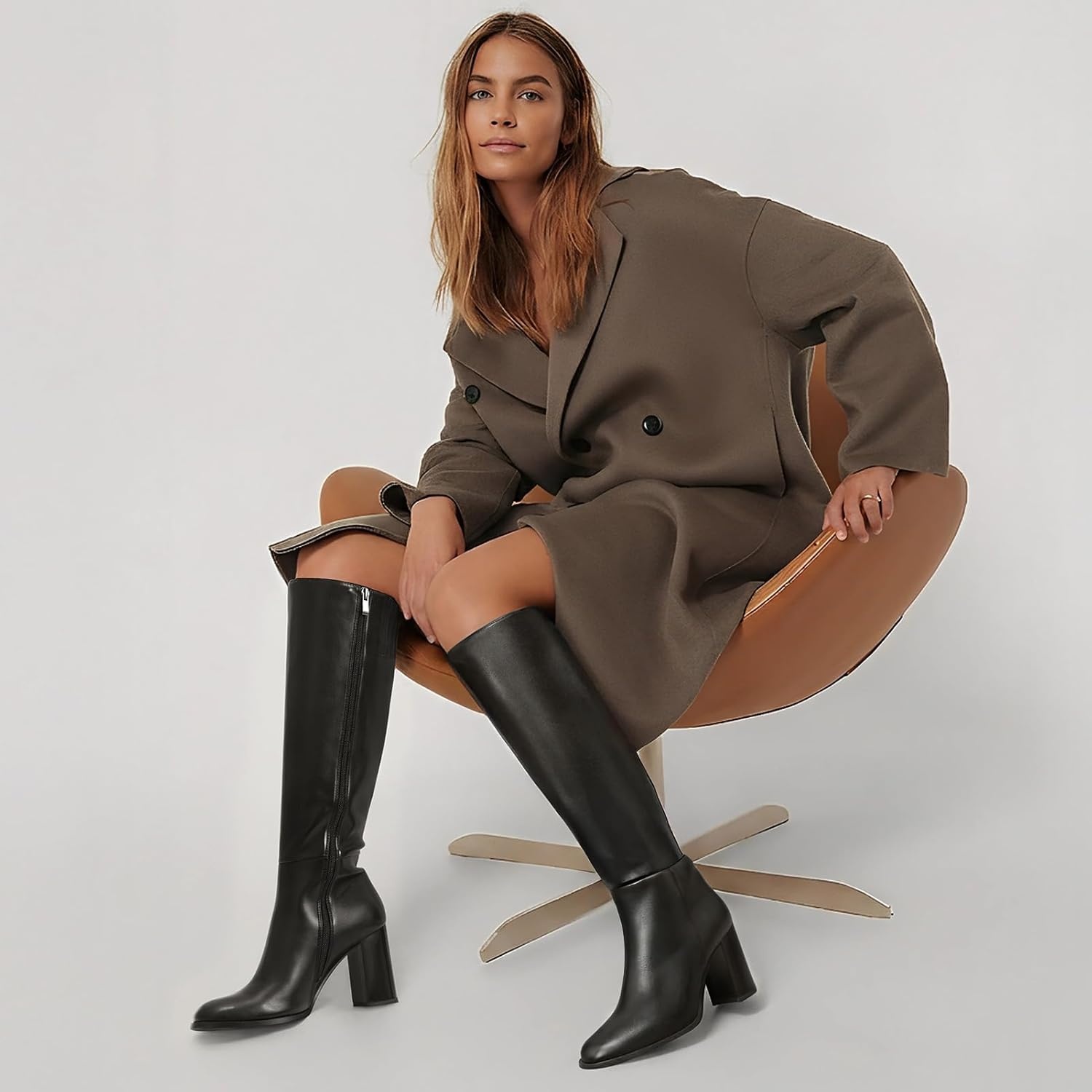 image:imageLumeheel Women Knee High Boots Round Toe Chunky Heel Boots Gogo Boots with Side Zip Fashion Tall Boots for WomenBlack