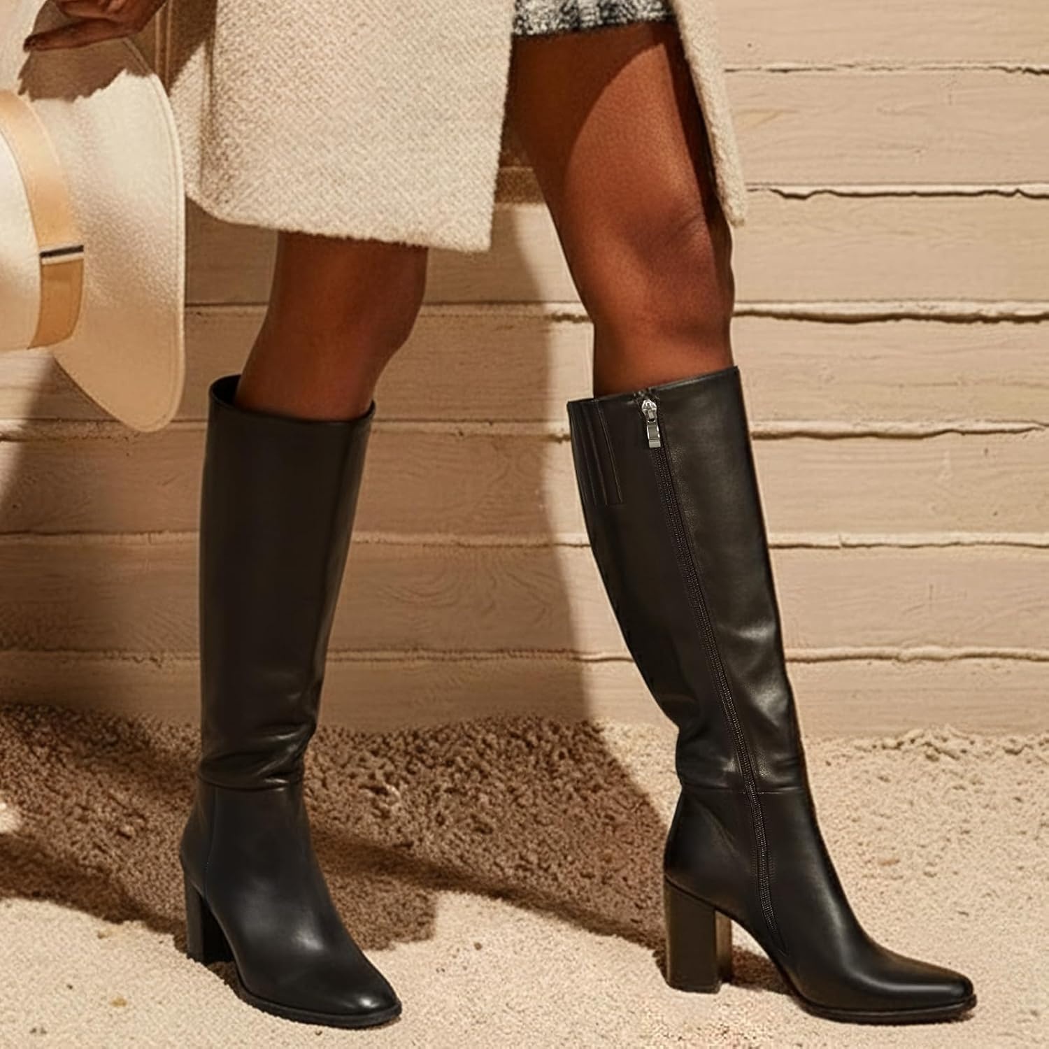 image:imageLumeheel Women Knee High Boots Round Toe Chunky Heel Boots Gogo Boots with Side Zip Fashion Tall Boots for WomenBlack