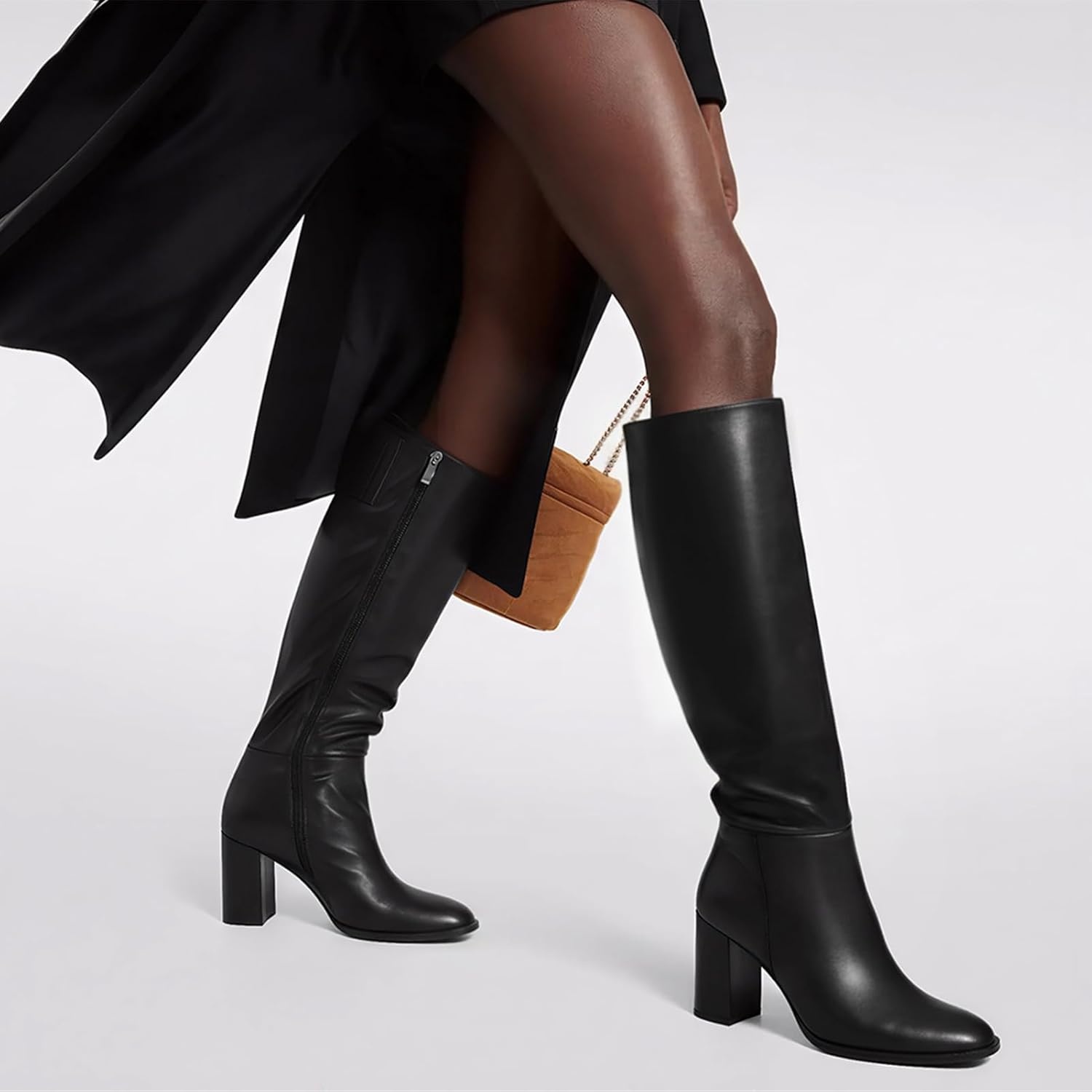 image:imageLumeheel Women Knee High Boots Round Toe Chunky Heel Boots Gogo Boots with Side Zip Fashion Tall Boots for WomenBlack