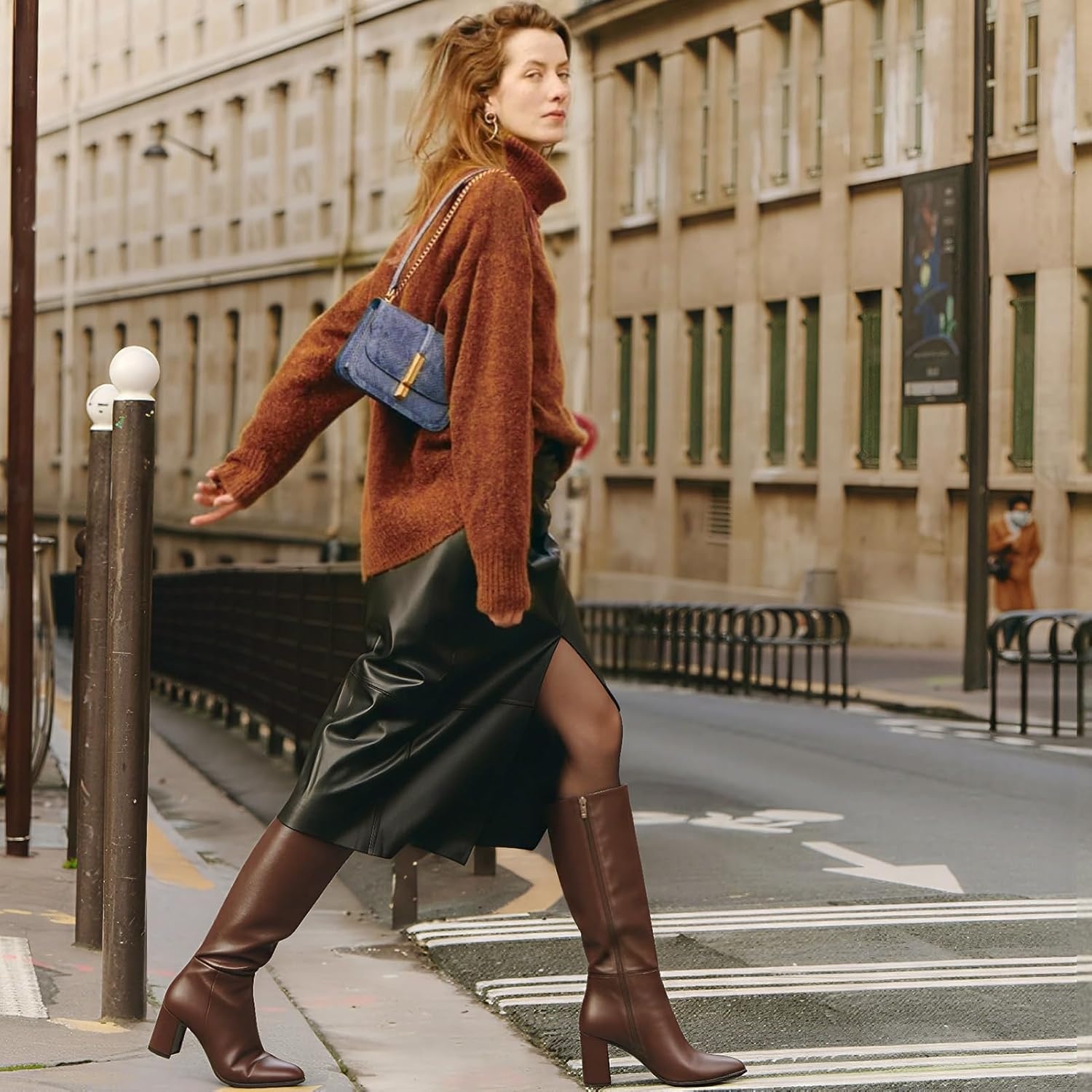 image:imageLumeheel Women Knee High Boots Round Toe Chunky Heel Boots Gogo Boots with Side Zip Fashion Tall Boots for WomenBrown