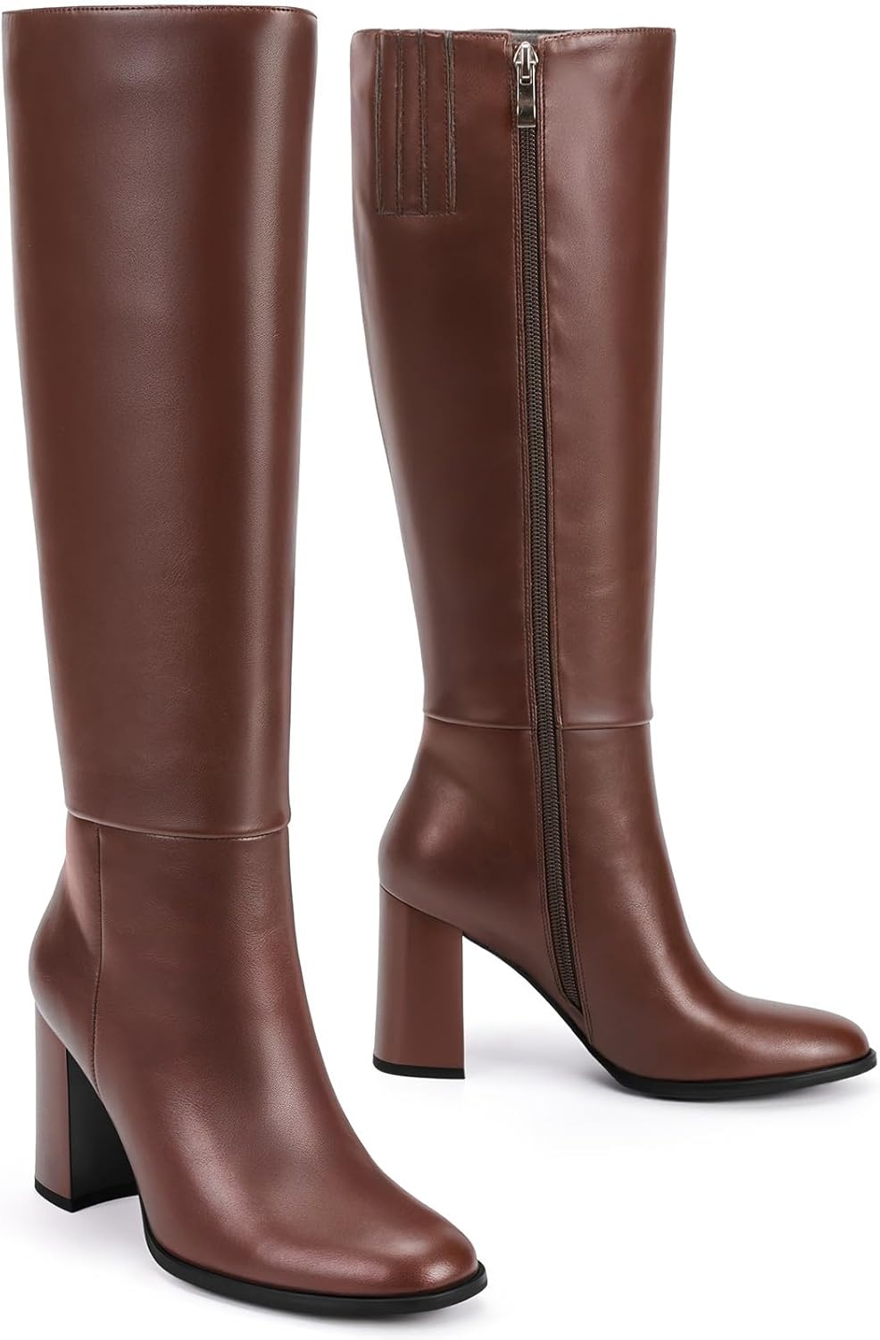 image:imageLumeheel Women Knee High Boots Round Toe Chunky Heel Boots Gogo Boots with Side Zip Fashion Tall Boots for WomenBrown