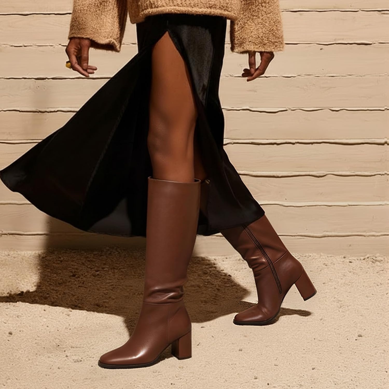 image:imageLumeheel Women Knee High Boots Round Toe Chunky Heel Boots Gogo Boots with Side Zip Fashion Tall Boots for WomenBrown